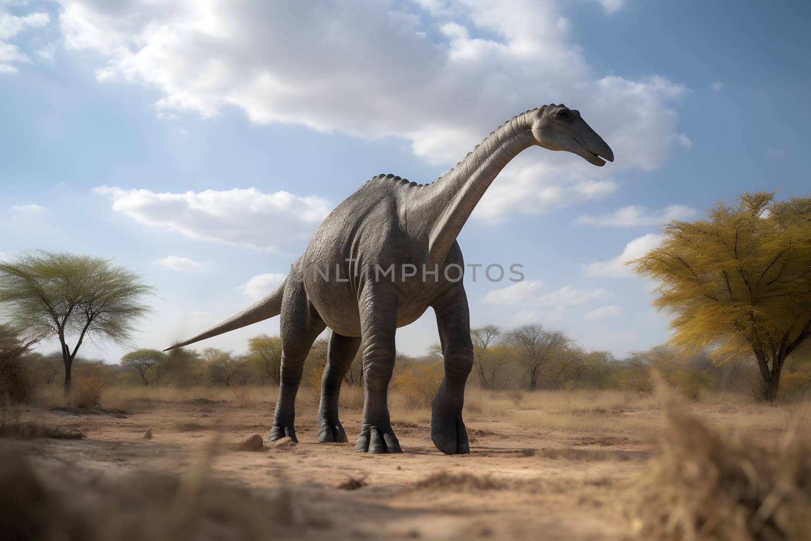 Brontosaurus wide angle view full body portrait at summer day light. Neural network generated in May 2023. Not based on any actual scene or pattern.