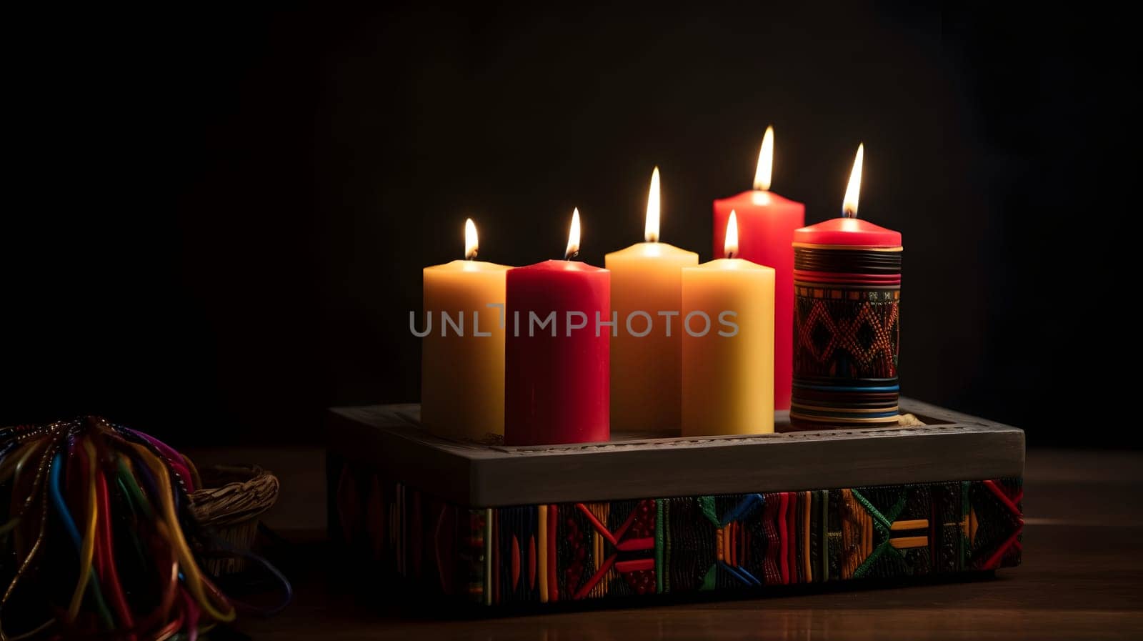 Kwanzaa holiday concept with traditional colorful candles. Neural network generated in May 2023. Not based on any actual person, scene or pattern.