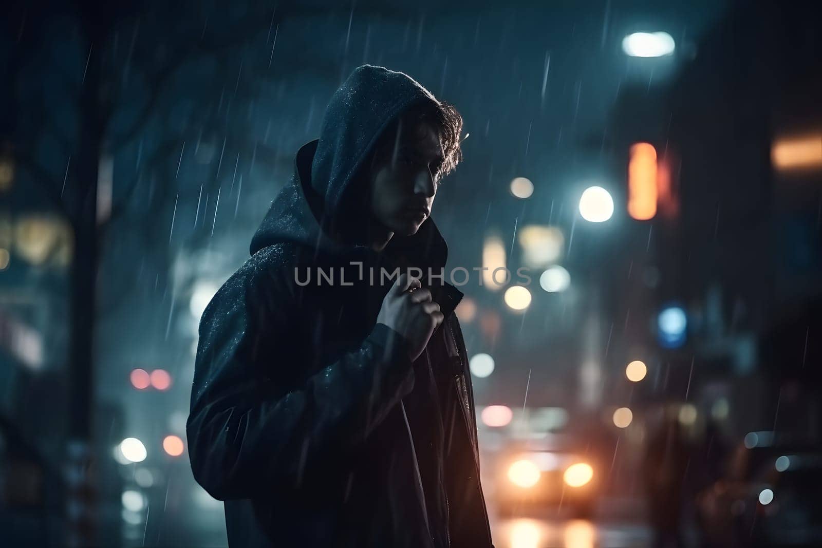 cinematic portrait of stranger on night street in thriller style. Neural network generated in May 2023. Not based on any actual person, scene or pattern.