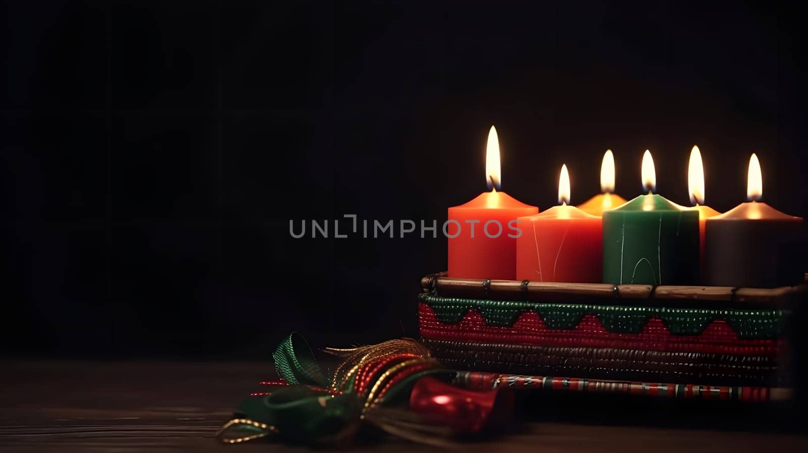 Kwanzaa holiday concept with traditional colorful candles. Neural network generated in May 2023. Not based on any actual person, scene or pattern.