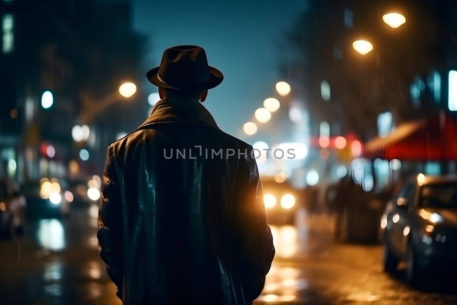 cinematic portrait of stranger on night street in thriller style. Neural network generated in May 2023. Not based on any actual person, scene or pattern.