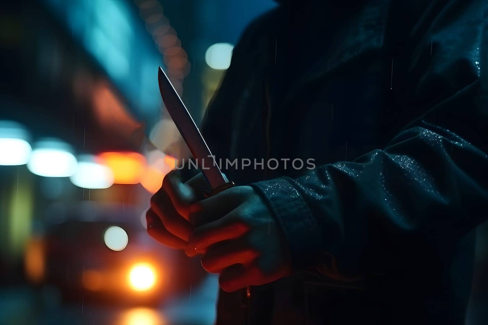 closeup view of of man holding knife in hand in dark backalley. Neural network generated in May 2023. Not based on any actual person, scene or pattern.