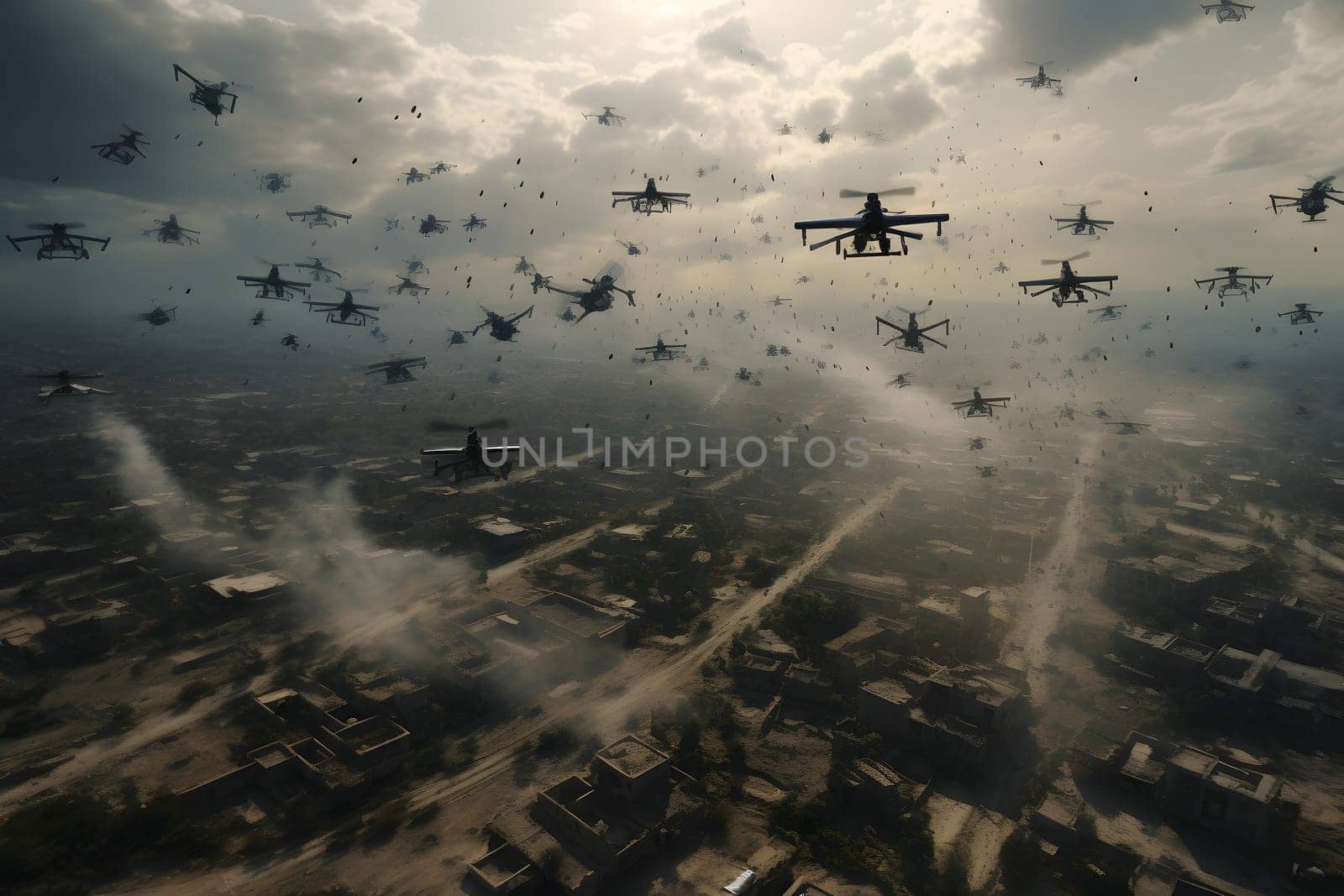drone war - many military copter drones above middle-eastern city battlefield at daytime. Neural network generated in May 2023. Not based on any actual person, scene or pattern.