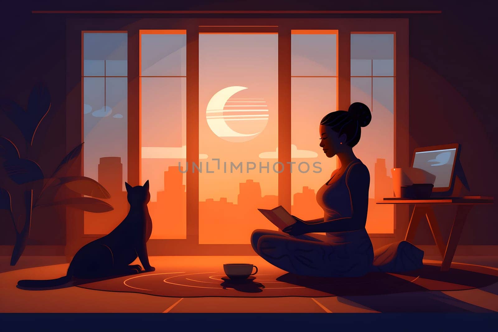 african american woman with book sitting on the floor of domestic room at night. Neural network generated in May 2023. Not based on any actual person, scene or pattern.