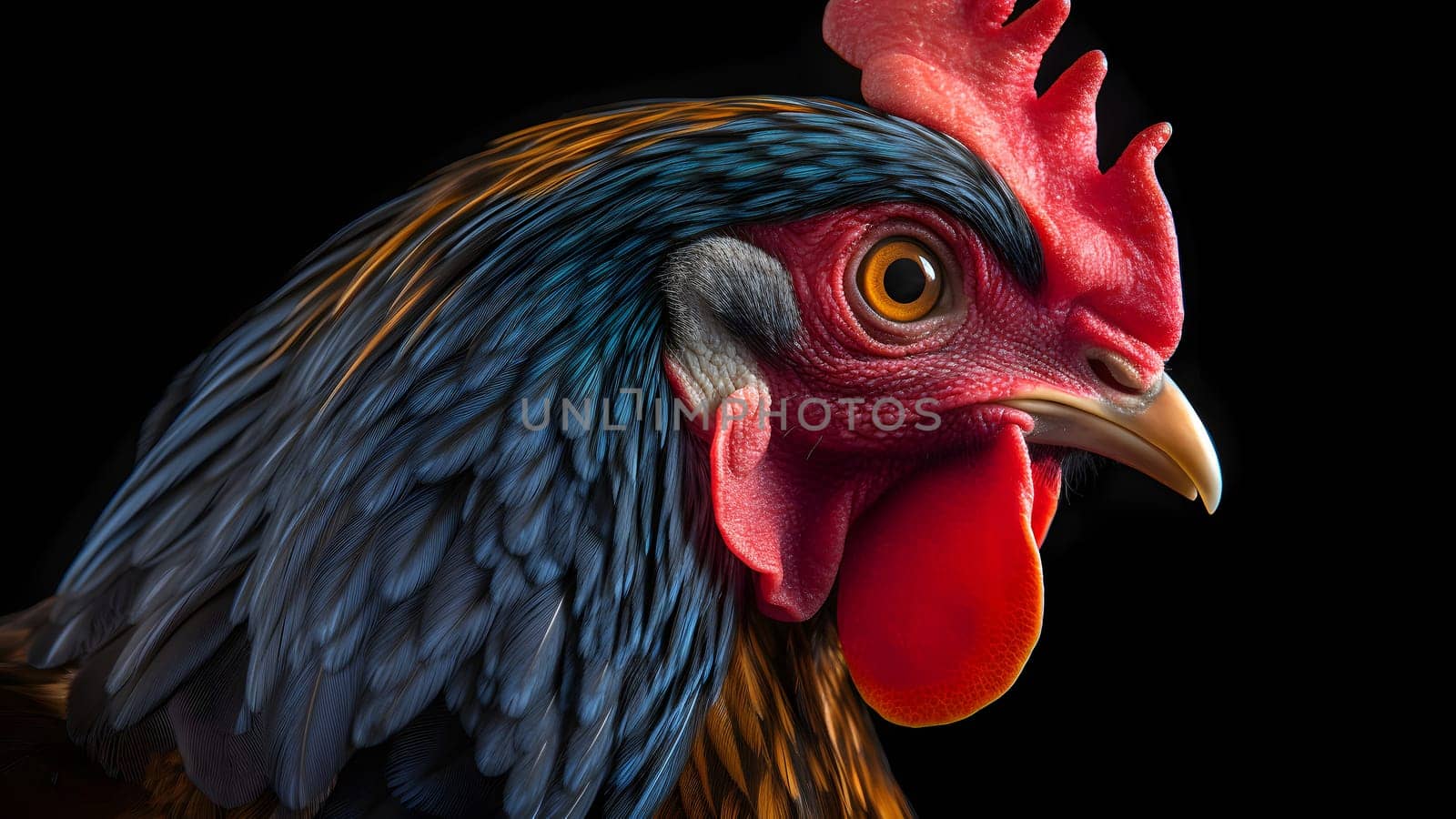 gorgeous colorful rooster close portrait on black background. Neural network generated in May 2023. Not based on any actual person, scene or pattern.