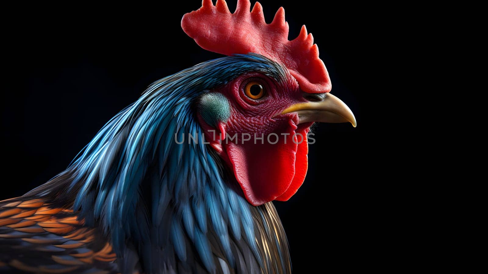 gorgeous colorful rooster close portrait on black background. Neural network generated in May 2023. Not based on any actual person, scene or pattern.