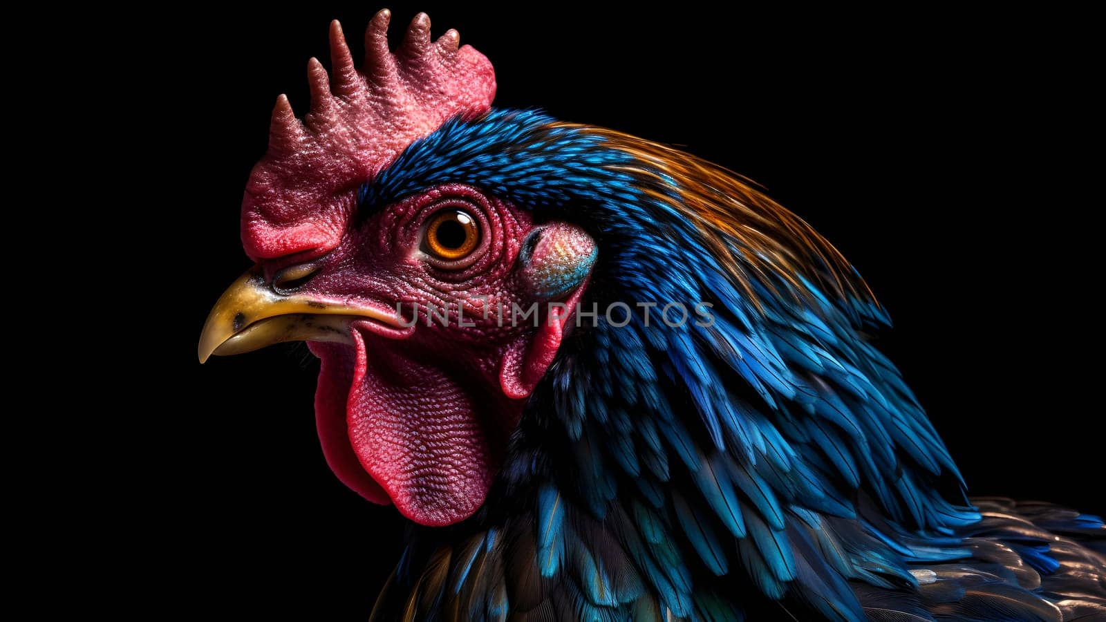 gorgeous colorful rooster close portrait on black background. Neural network generated in May 2023. Not based on any actual person, scene or pattern.