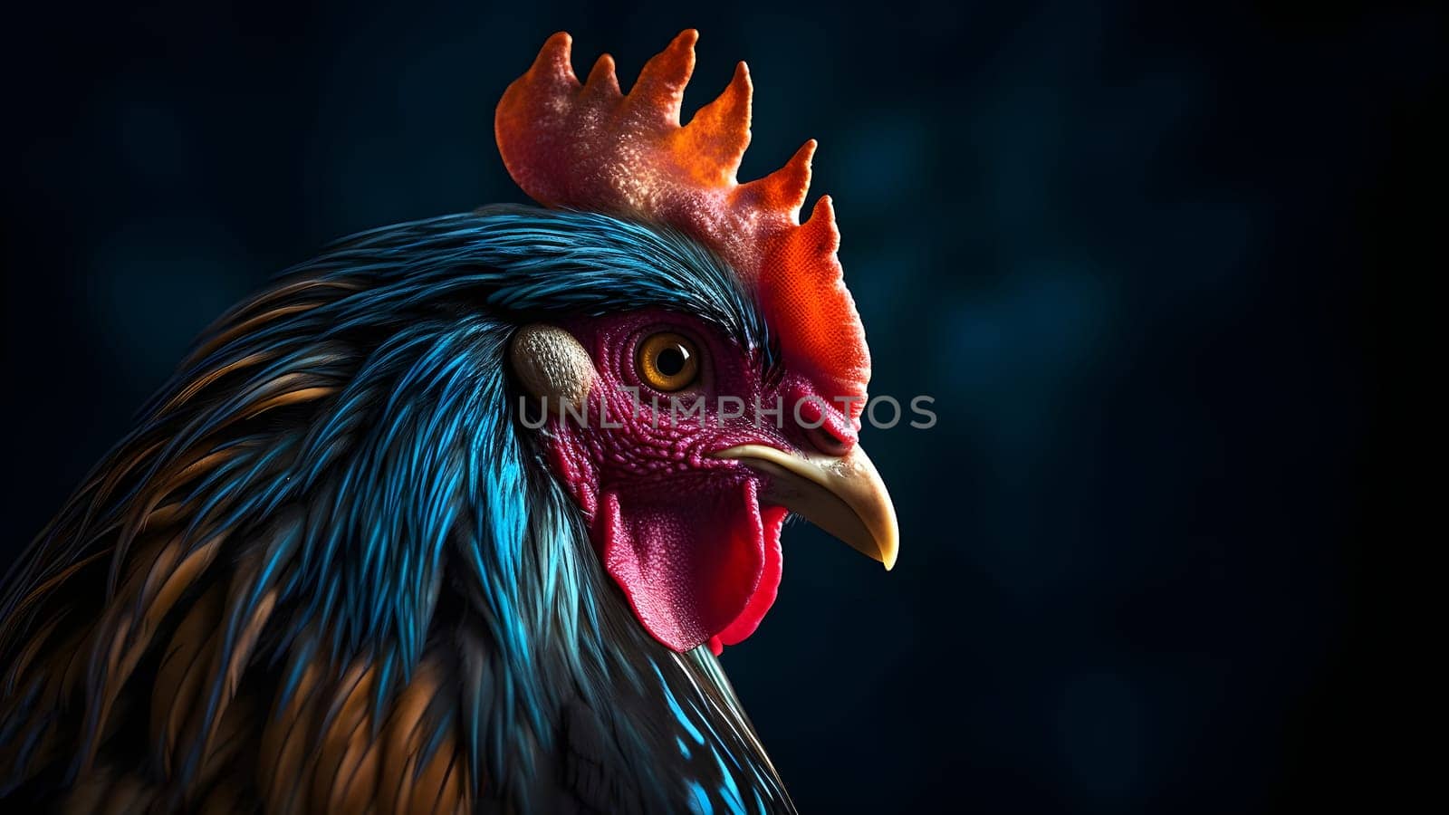 gorgeous colorful rooster close portrait on black background. Neural network generated in May 2023. Not based on any actual person, scene or pattern.