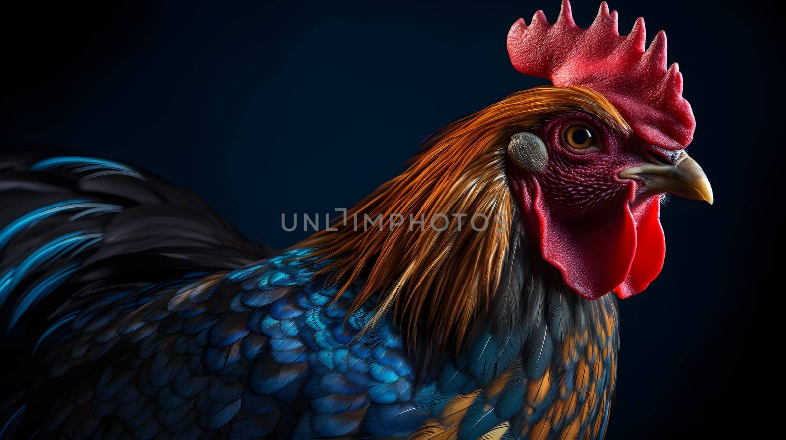 gorgeous colorful rooster close portrait on black background. Neural network generated in May 2023. Not based on any actual person, scene or pattern.