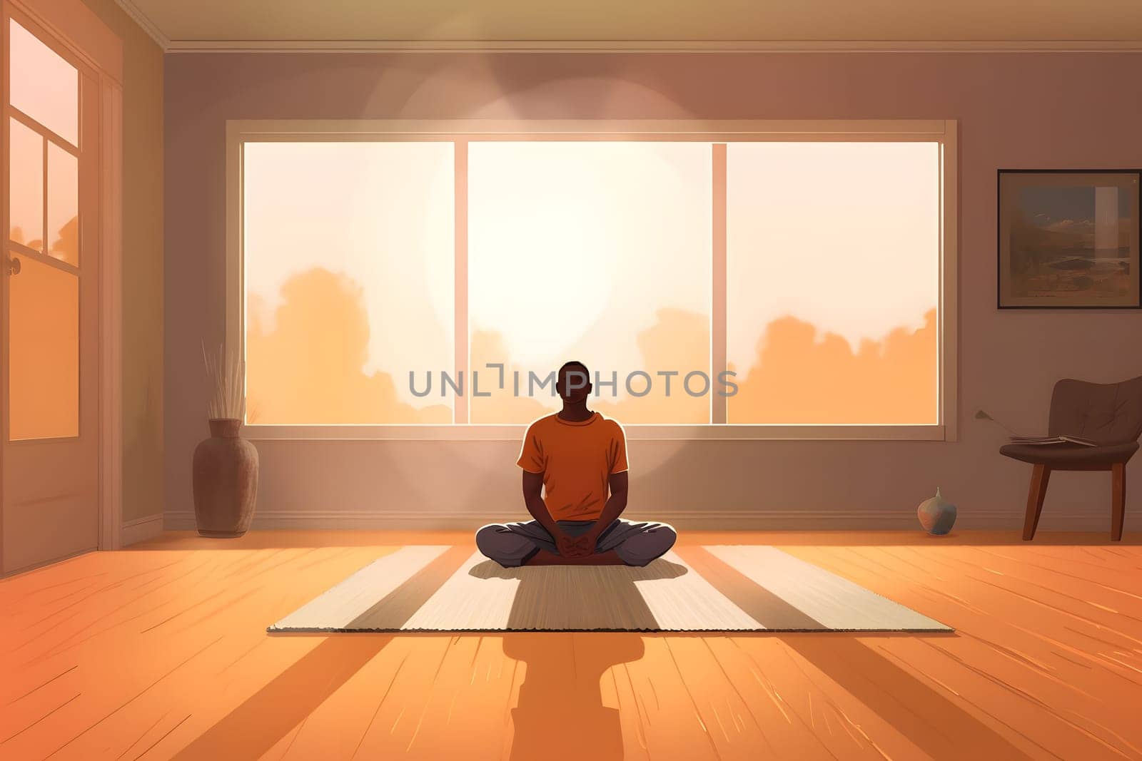 african american man sitting and meditating on the floor of domestic room. Neural network generated in May 2023. Not based on any actual person, scene or pattern.