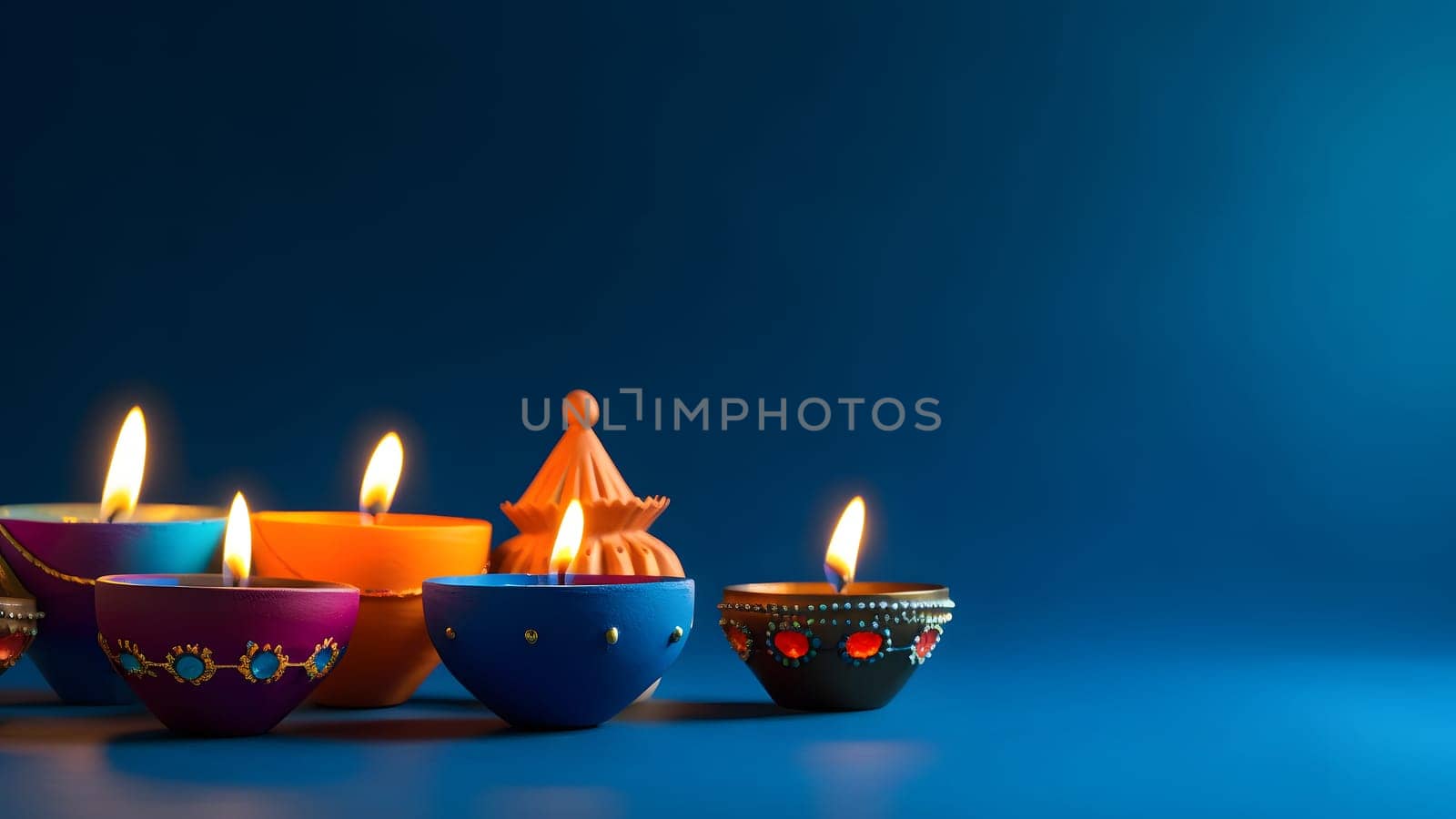 Happy Diwali - Clay Diya lamps lit on blue background during Diwali celebration. Neural network generated in May 2023. Not based on any actual scene or pattern.