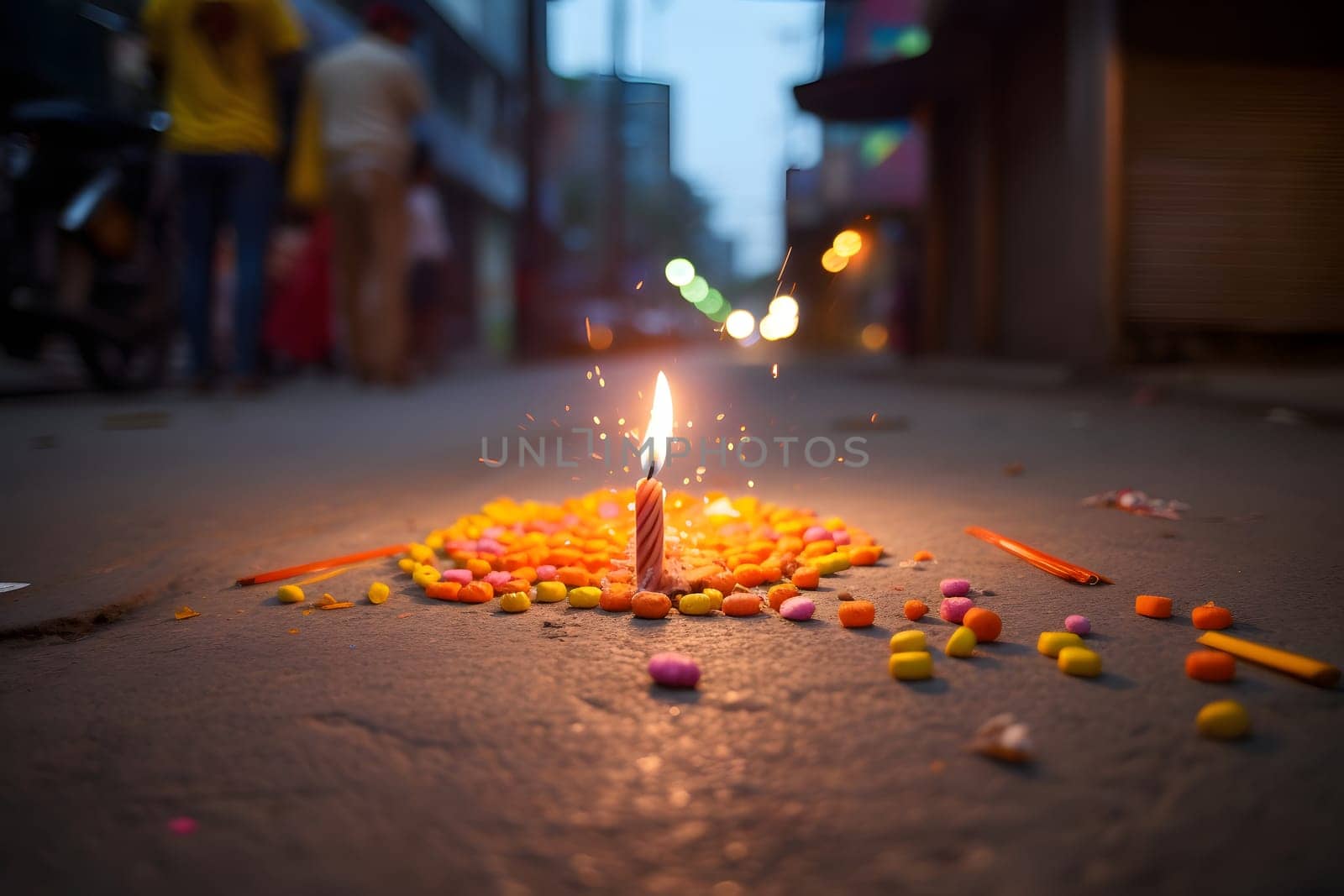 Happy Diwali - Lit diya lamp on street with firecrackers. Neural network generated in May 2023. Not based on any actual person, scene or pattern.