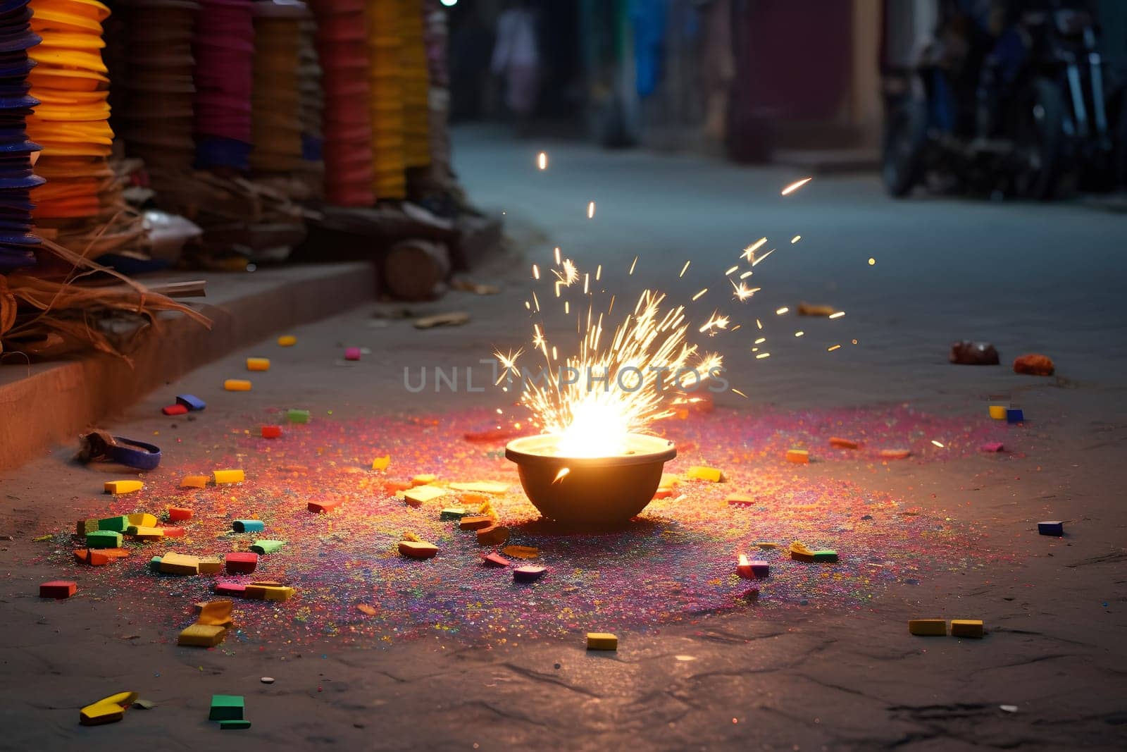 Happy Diwali - Lit diya lamp on street with firecrackers. Neural network generated in May 2023. Not based on any actual person, scene or pattern.
