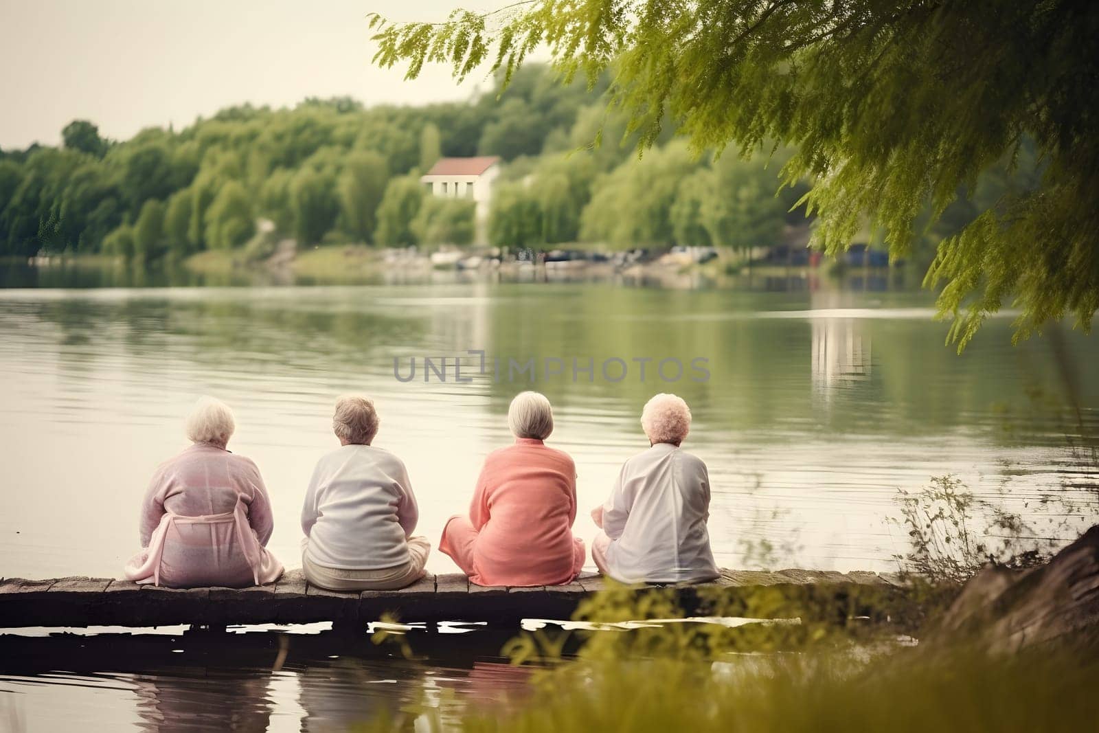 rear view of group of senior women doing yoga exercises on wooden pier in front of summer morning lake. Neural network generated in May 2023. Not based on any actual person, scene or pattern.
