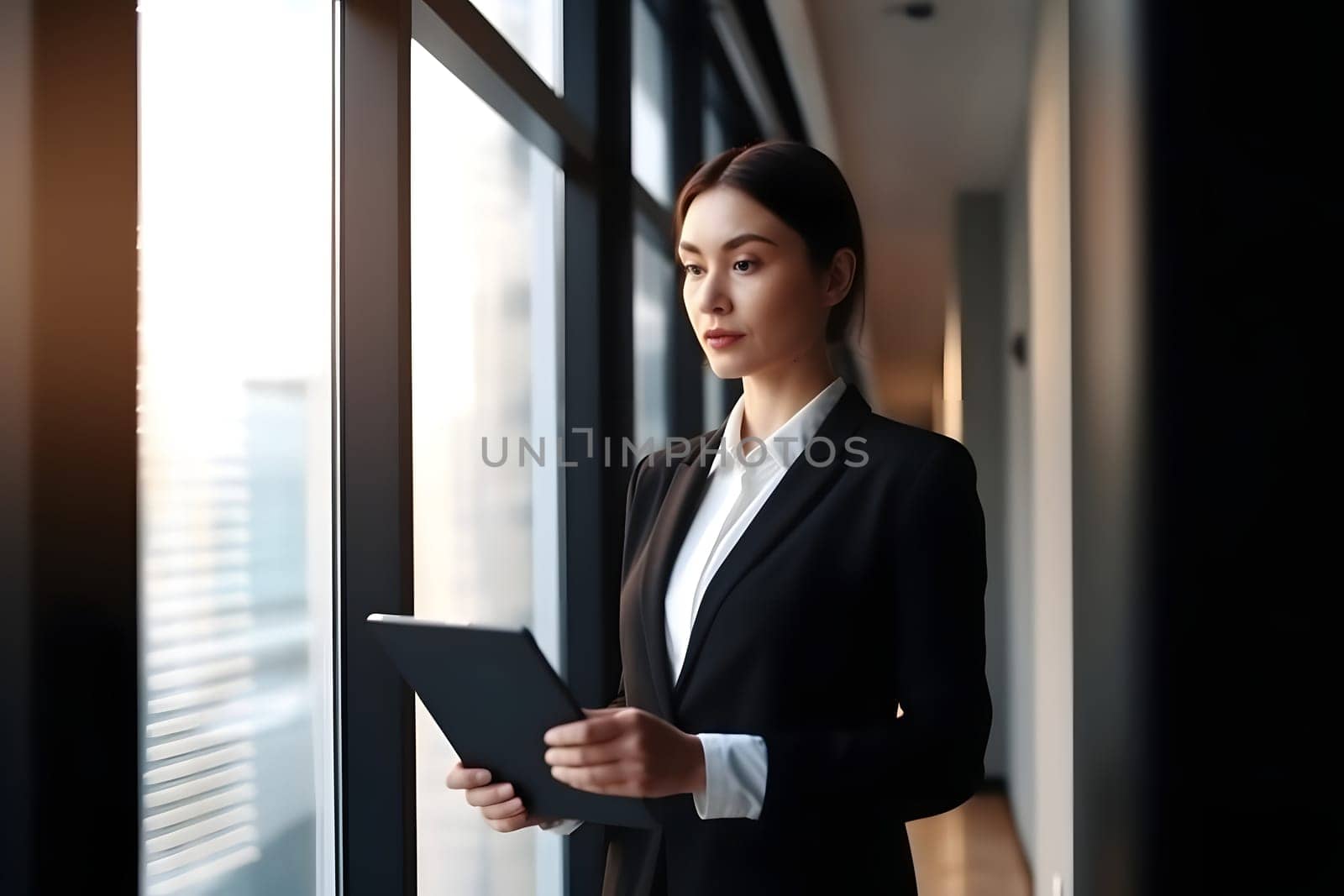 Serious female administrative manager in formal suit standing near window. Neural network generated in May 2023. Not based on any actual person, scene or pattern.