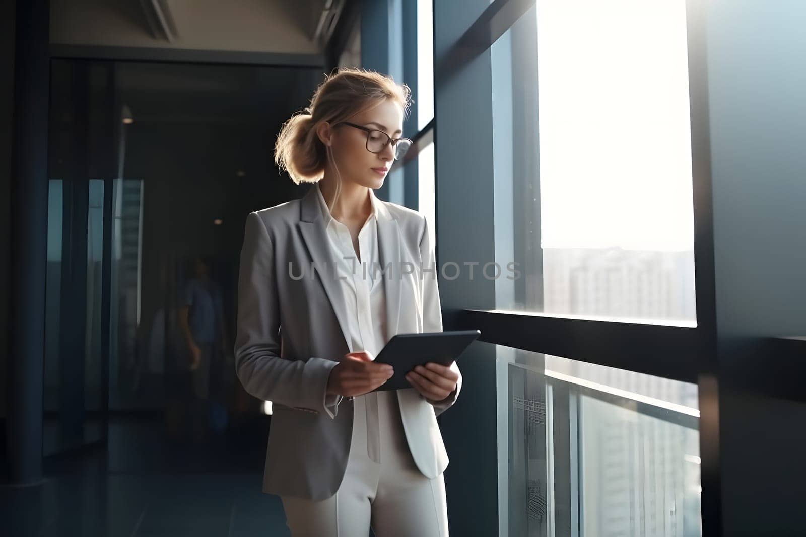 Serious female administrative manager in formal suit standing near window. Neural network generated in May 2023. Not based on any actual person, scene or pattern.