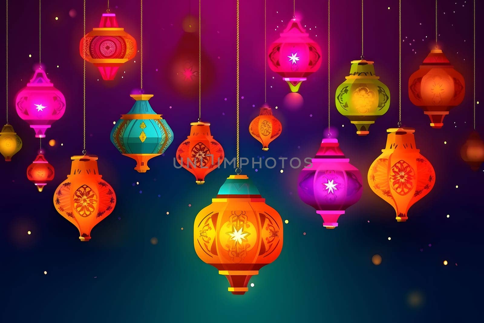 colorful diwali hanging lanterns. Neural network generated in May 2023. Not based on any actual scene or pattern.