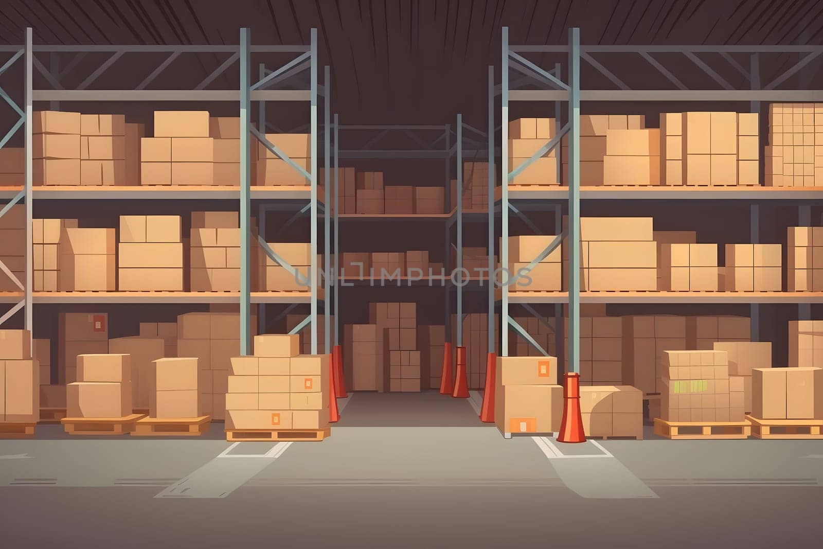 Warehouse or storage with shelves with cardboard boxes. Neural network generated in May 2023. Not based on any actual scene or pattern.