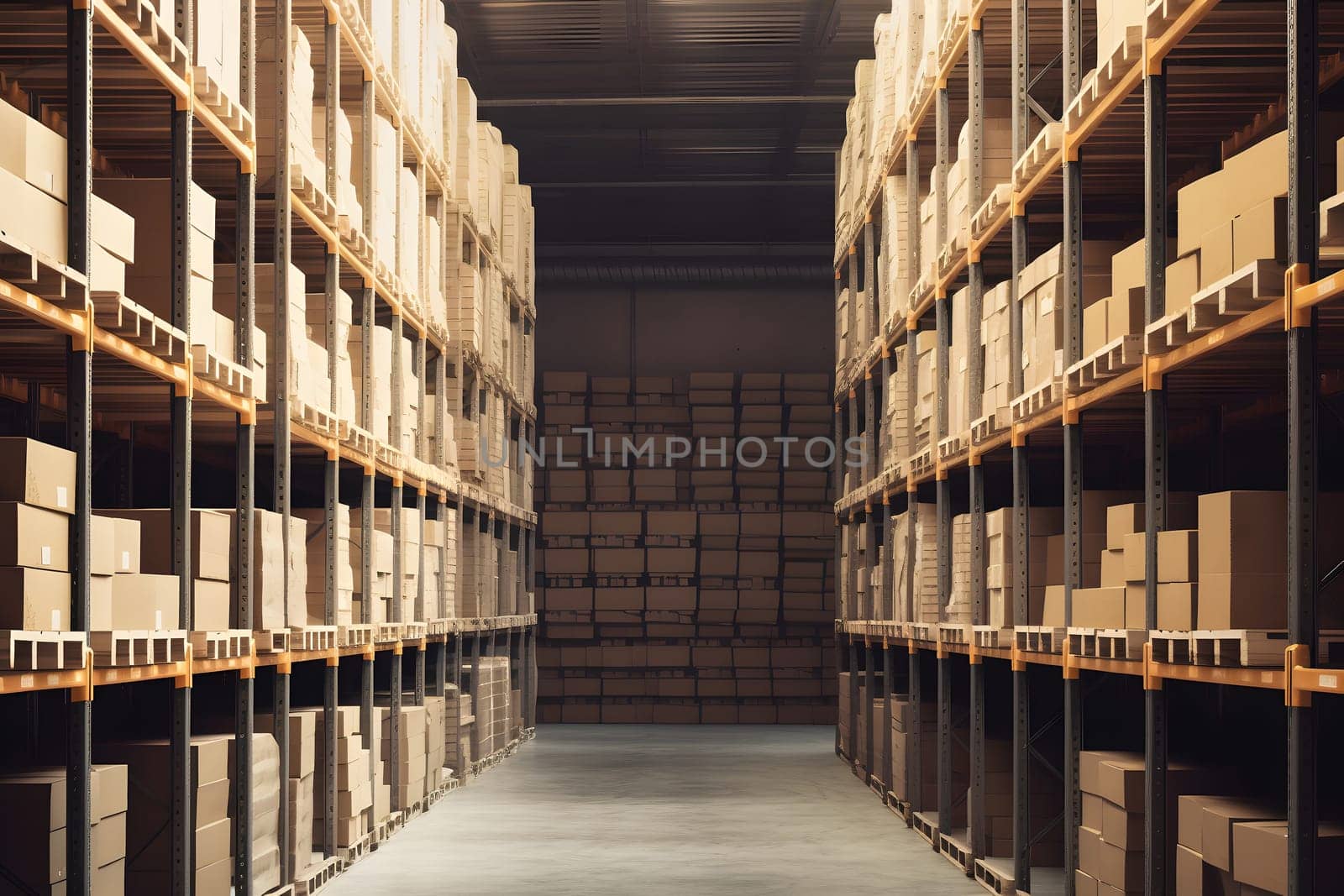 Warehouse or storage with shelves with cardboard boxes. Neural network generated in May 2023. Not based on any actual scene or pattern.