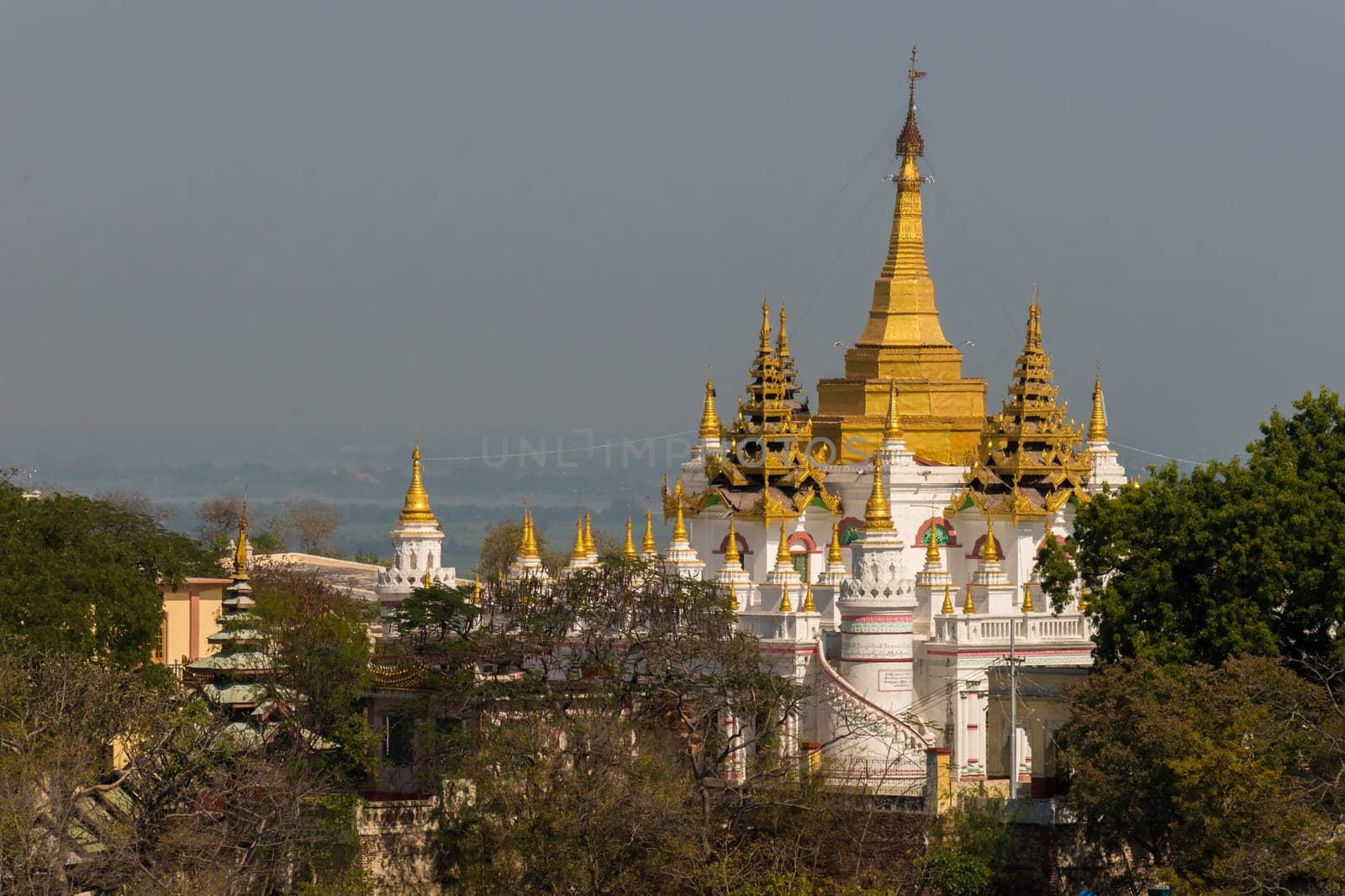 Sagaing, Myanmar - January 16th, 2019: View to the beautiful U Min Kyaukse Pagoda, one of the many pagodas at Sagaing Hill in Myanmar