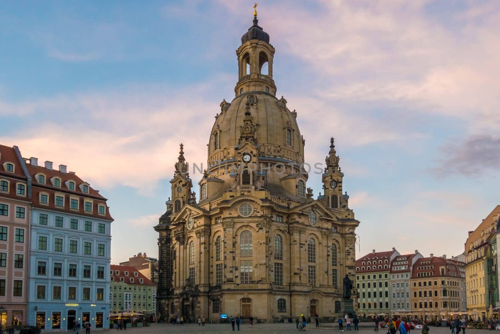 Dresden, Germany - May 18th, 2019: The rebuilt Dresdner Frauenkirche (Church of Our Lady) in the oldtown at an enjoyable springtime evening.