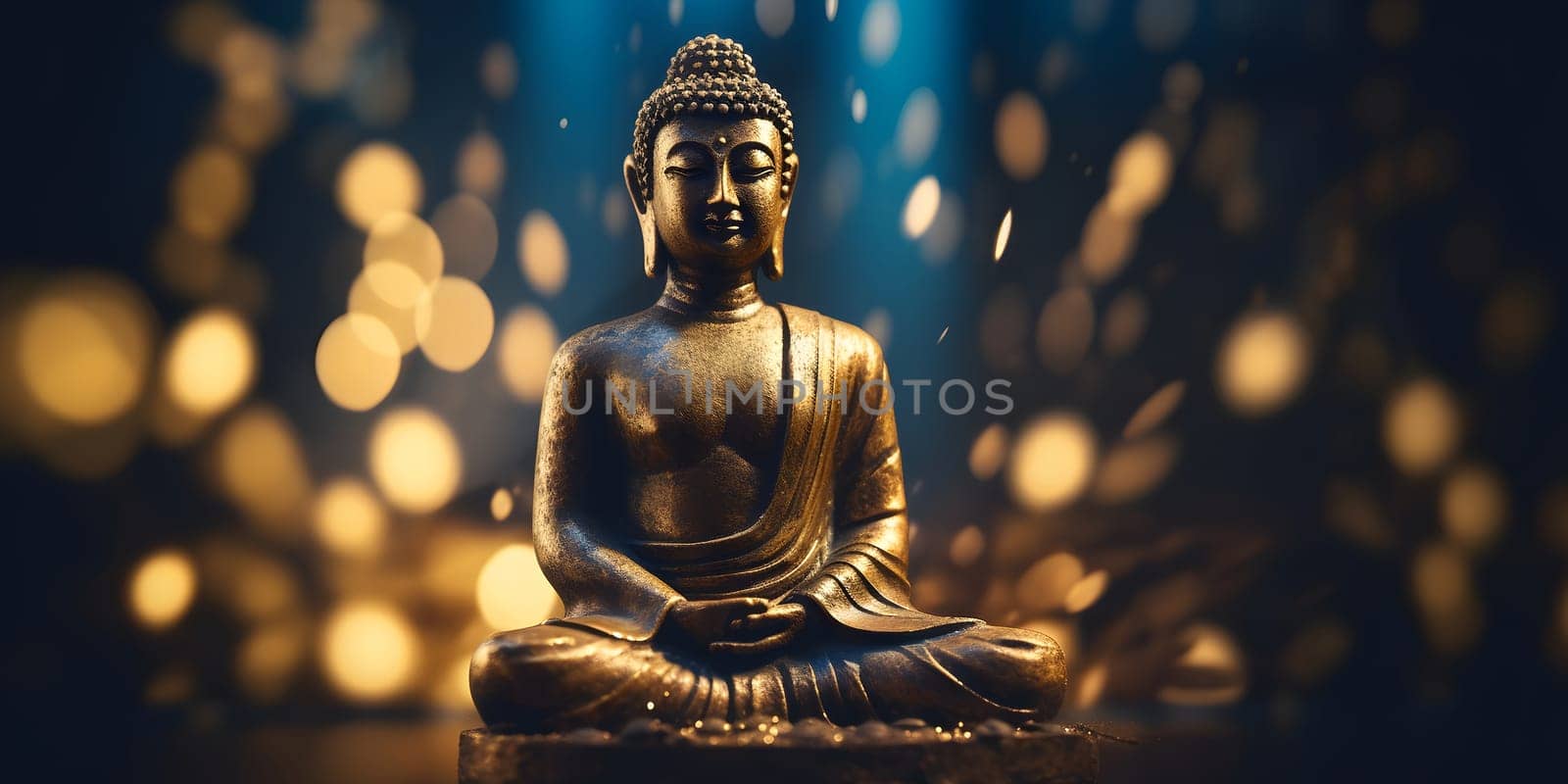 Buddha in a lotus position small statue in dark religious thoughtful environment with bokeh. Neural network generated in May 2023. Not based on any actual person, scene or pattern.