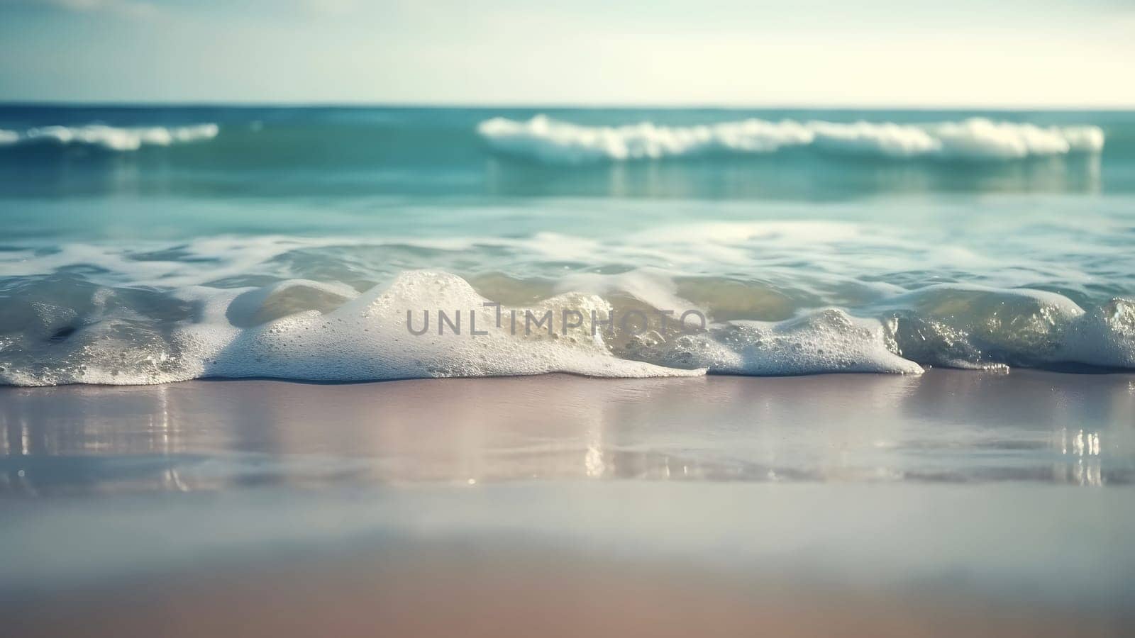 Closeup sea surf and sand beach at sunny day. Neural network generated in May 2023. Not based on any actual scene or pattern.