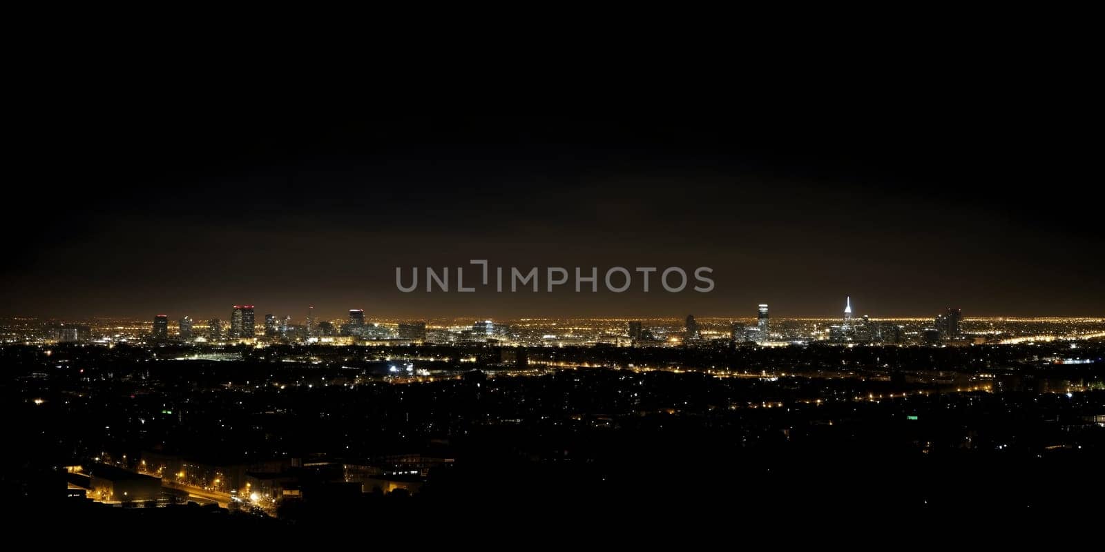 night city lights in the distance with black background. Neural network generated in May 2023. Not based on any actual scene or pattern.