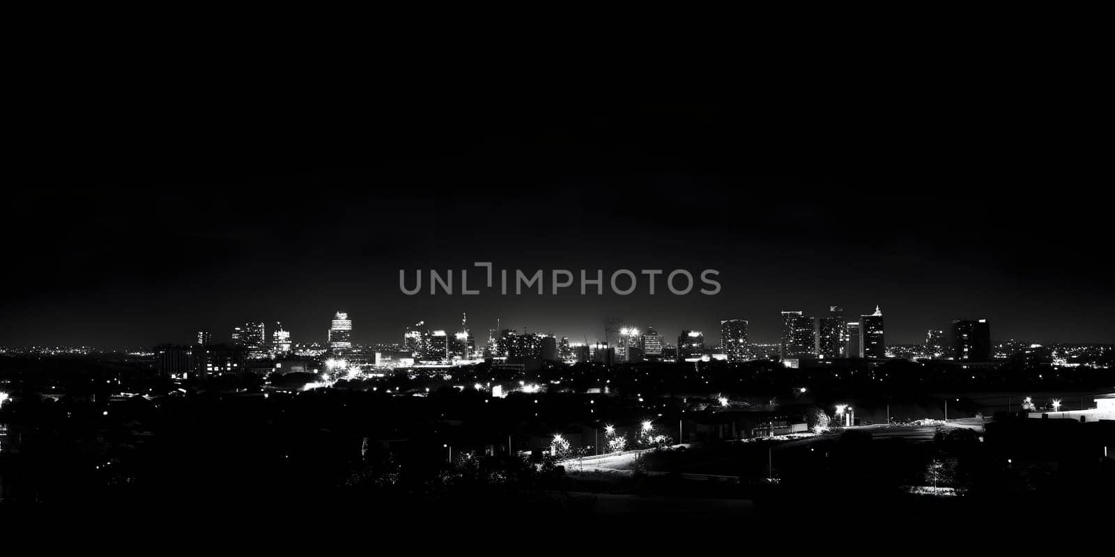 night city lights in the distance with black background. Neural network generated in May 2023. Not based on any actual scene or pattern.
