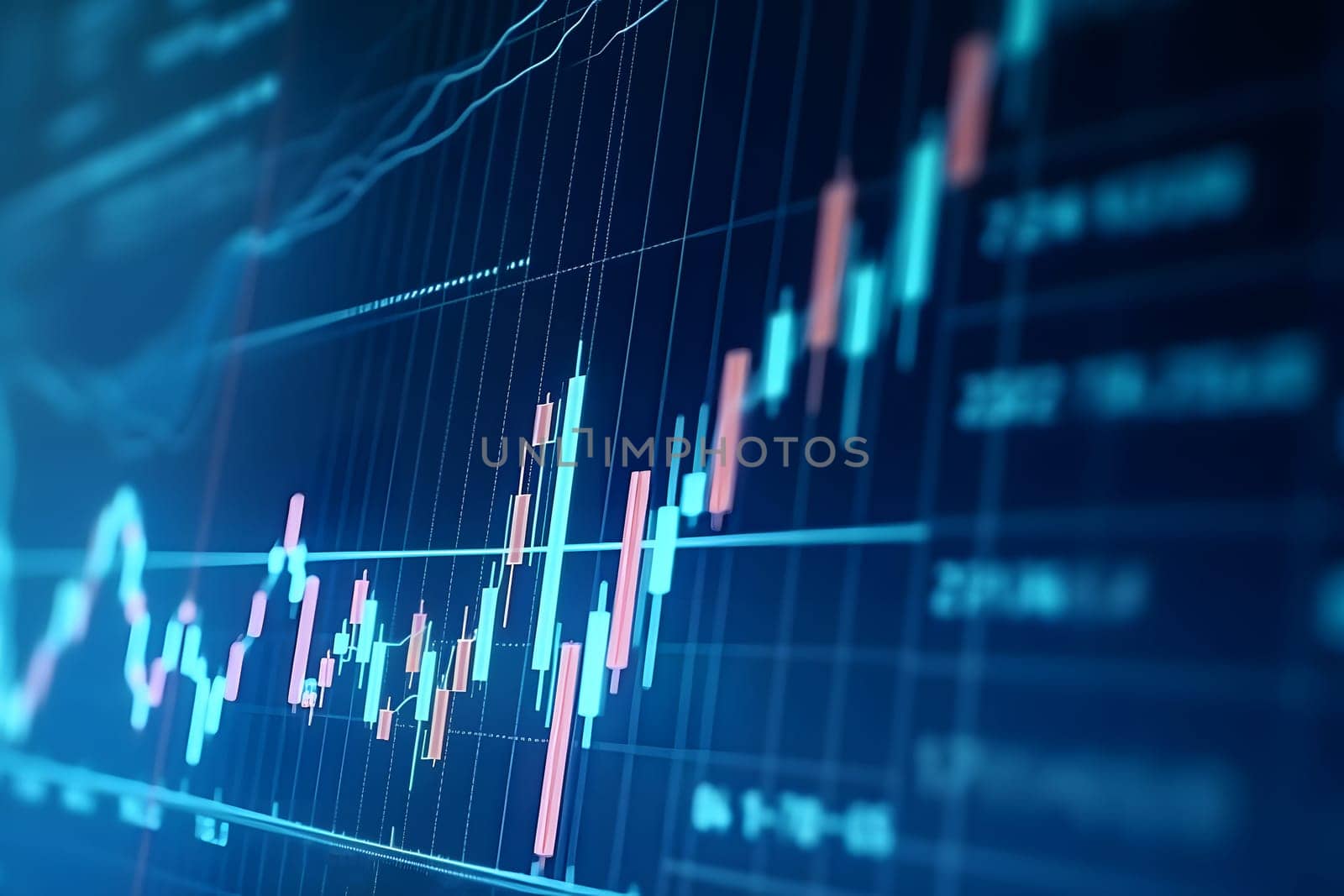 Closeup of financial chart display with generic volatile asset candlesticks graph. Neural network generated in May 2023. Not based on any actual scene or pattern.