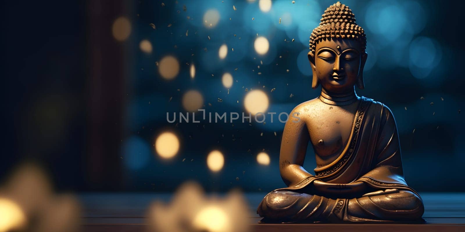 Buddha in a lotus position small statue in dark religious thoughtful environment with bokeh. Neural network generated in May 2023. Not based on any actual person, scene or pattern.