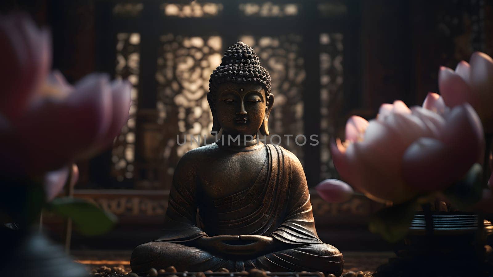 Buddha in a lotus position small statue in dark religious thoughtful environment. Neural network generated in May 2023. Not based on any actual person, scene or pattern.