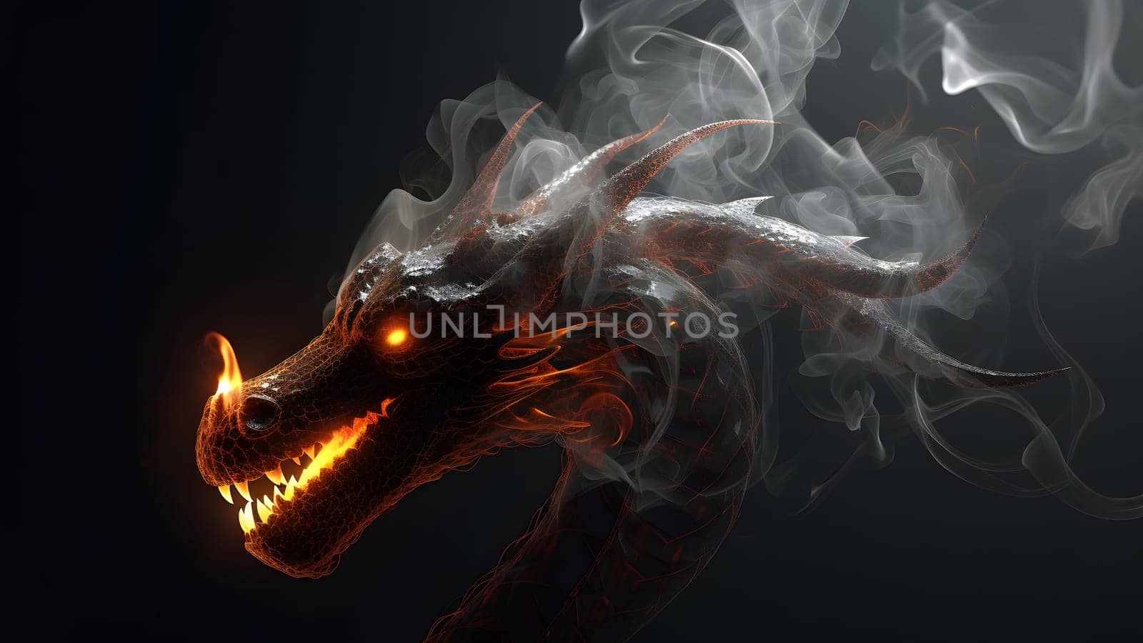 ethereal dragon with smoke on black background. Neural network generated in May 2023. Not based on any actual person, scene or pattern.