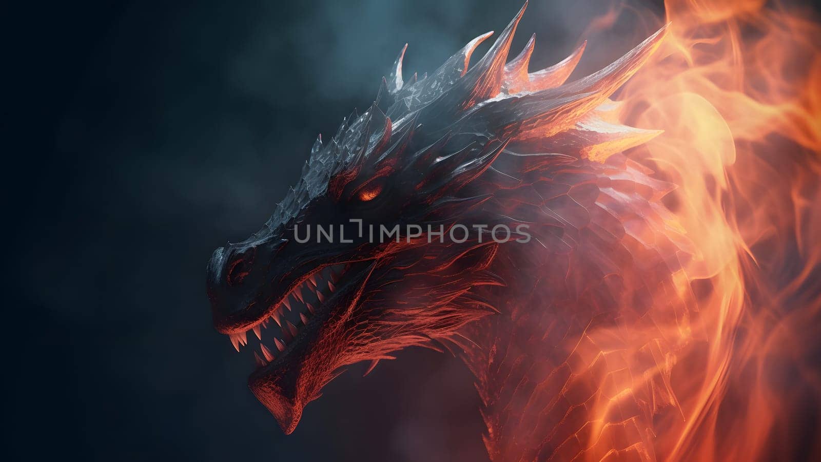 ethereal dragon with smoke on black background. Neural network generated in May 2023. Not based on any actual person, scene or pattern.