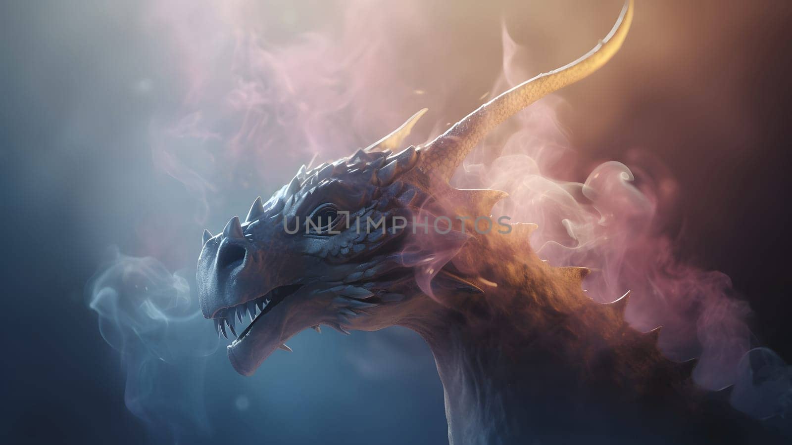 ethereal dragon with smoke on black background. Neural network generated in May 2023. Not based on any actual person, scene or pattern.