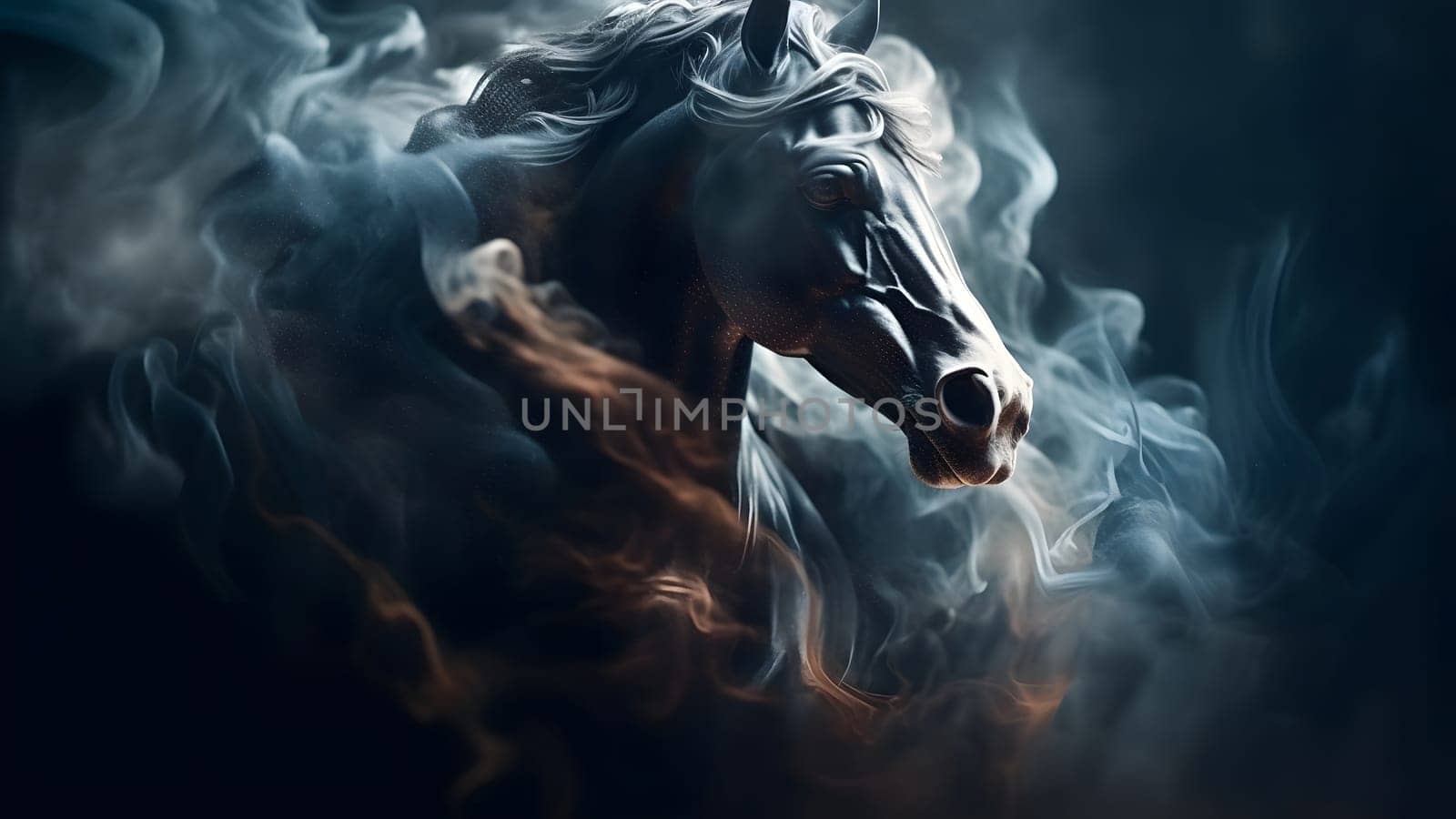 artisticly lit horse head with smoke and fumes on black background. Neural network generated in May 2023. Not based on any actual scene or pattern.