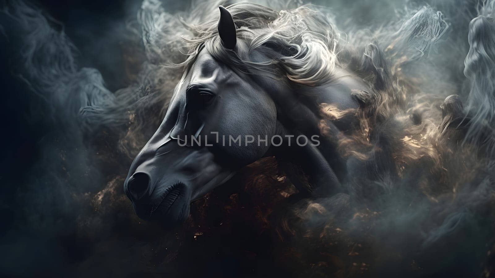 artisticly lit horse head with smoke and fumes on black background. Neural network generated in May 2023. Not based on any actual scene or pattern.