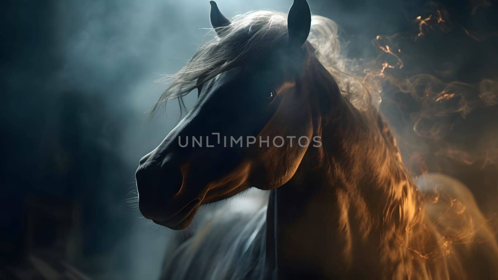 artisticly lit horse head with smoke and fumes on black background. Neural network generated in May 2023. Not based on any actual scene or pattern.
