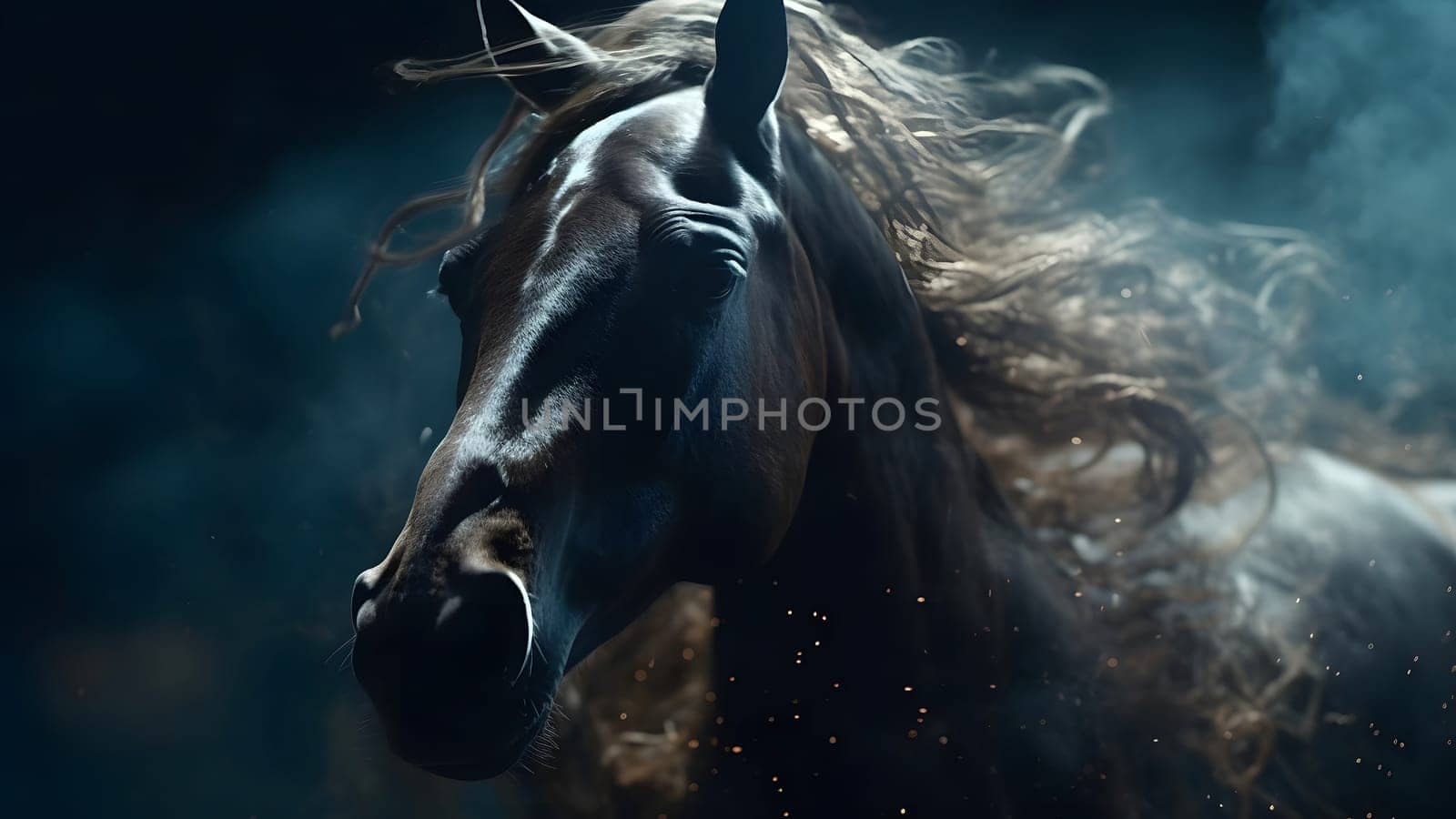 artisticly lit horse head with smoke and fumes on black background. Neural network generated in May 2023. Not based on any actual scene or pattern.