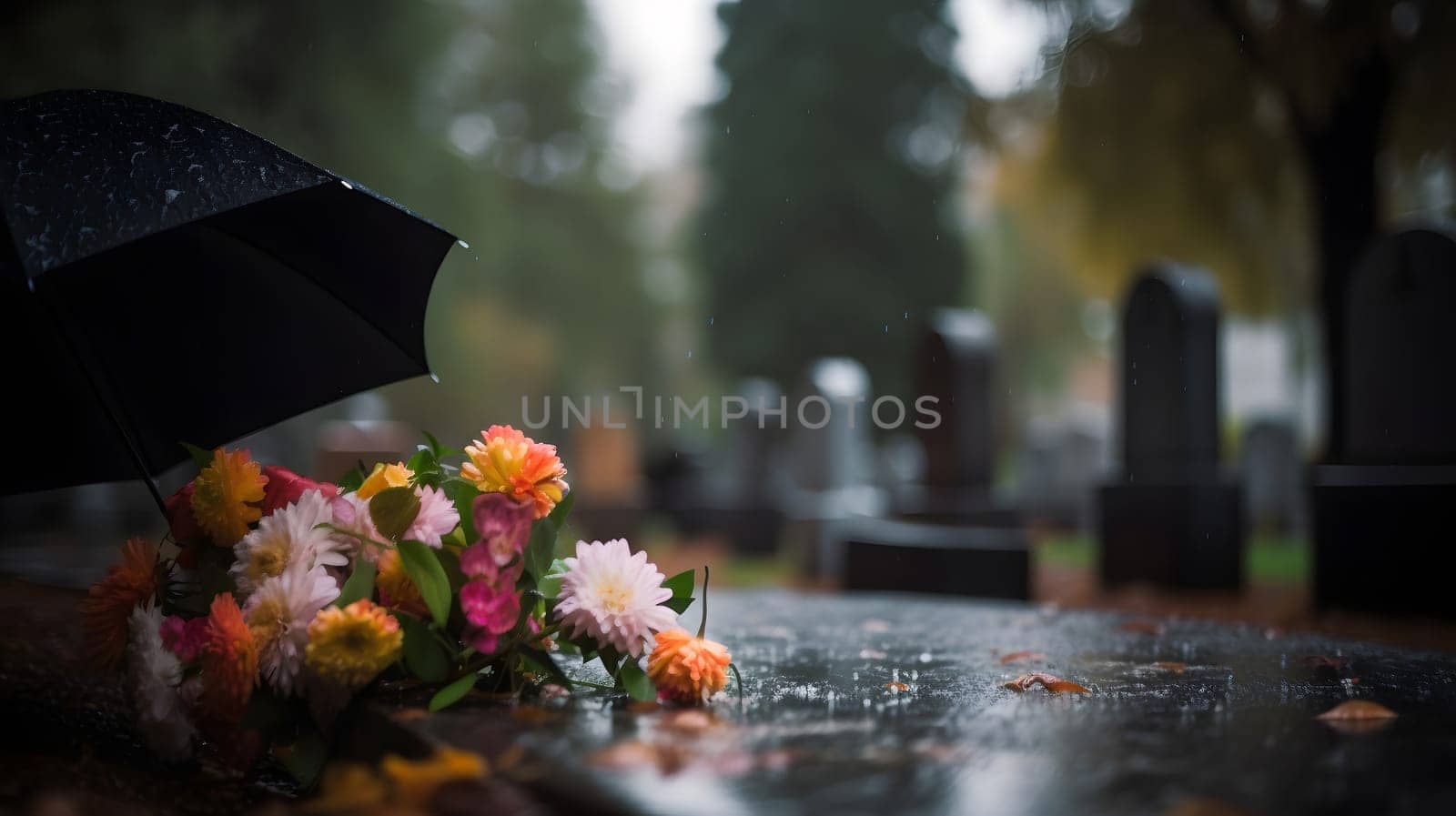 rainy funeral with bokeh. Neural network generated in May 2023. Not based on any actual person, scene or pattern.