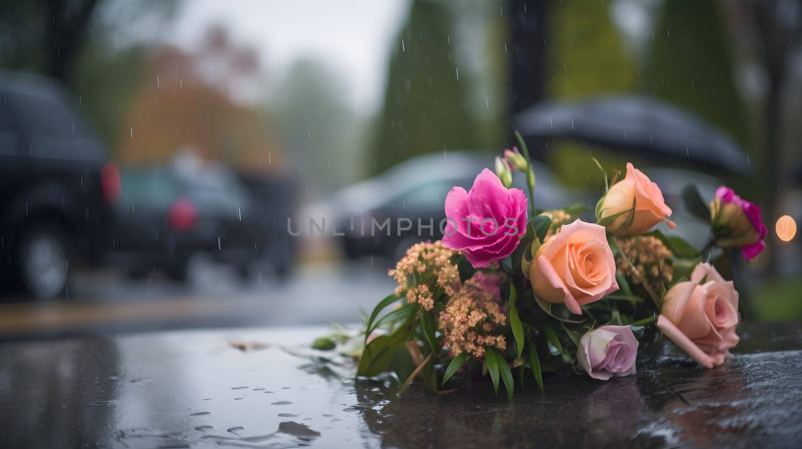 rainy funeral with bokeh. Neural network generated in May 2023. Not based on any actual person, scene or pattern.