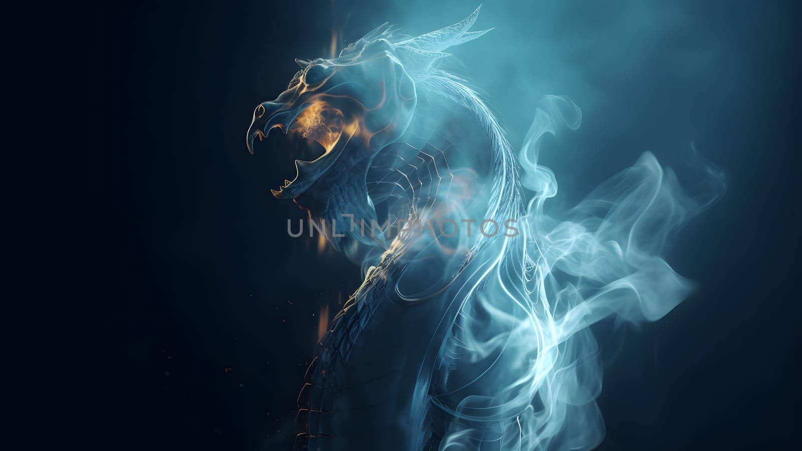 ethereal dragon with smoke on black background. Neural network generated in May 2023. Not based on any actual person, scene or pattern.