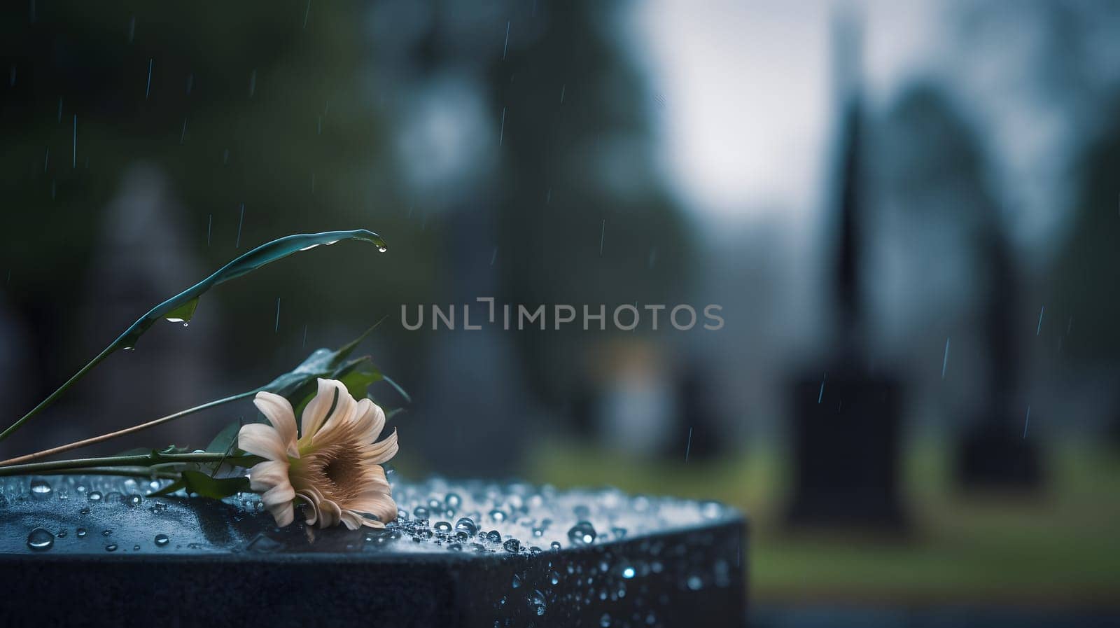 rainy funeral with bokeh. Neural network generated in May 2023. Not based on any actual person, scene or pattern.