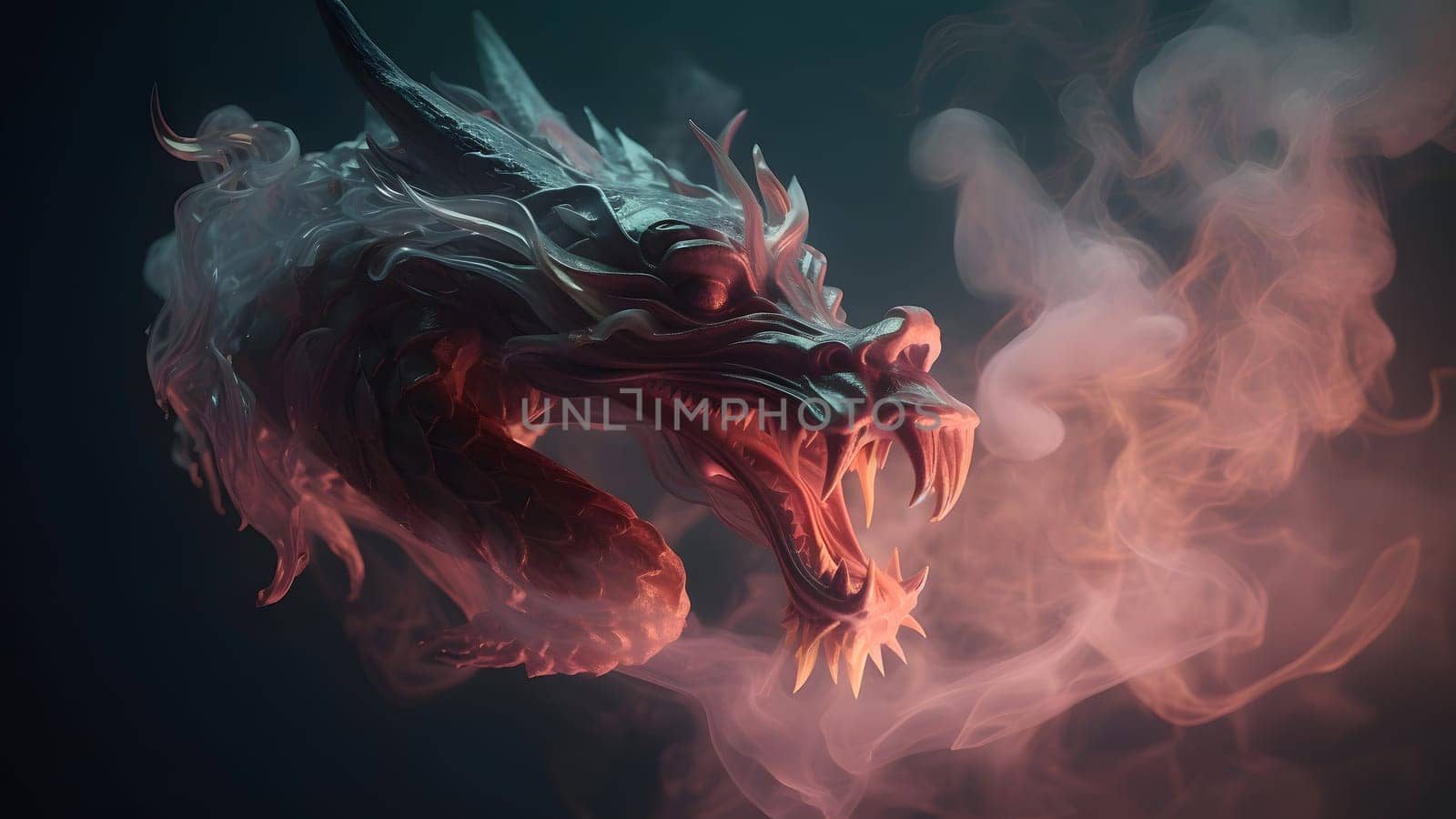 ethereal dragon with smoke on black background. Neural network generated in May 2023. Not based on any actual person, scene or pattern.