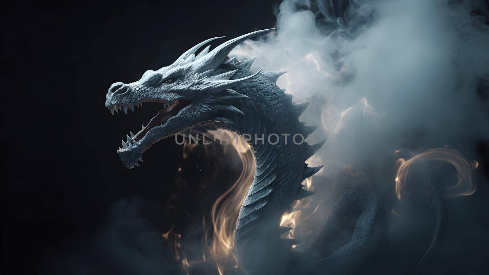 ethereal dragon with smoke on black background. Neural network generated in May 2023. Not based on any actual person, scene or pattern.