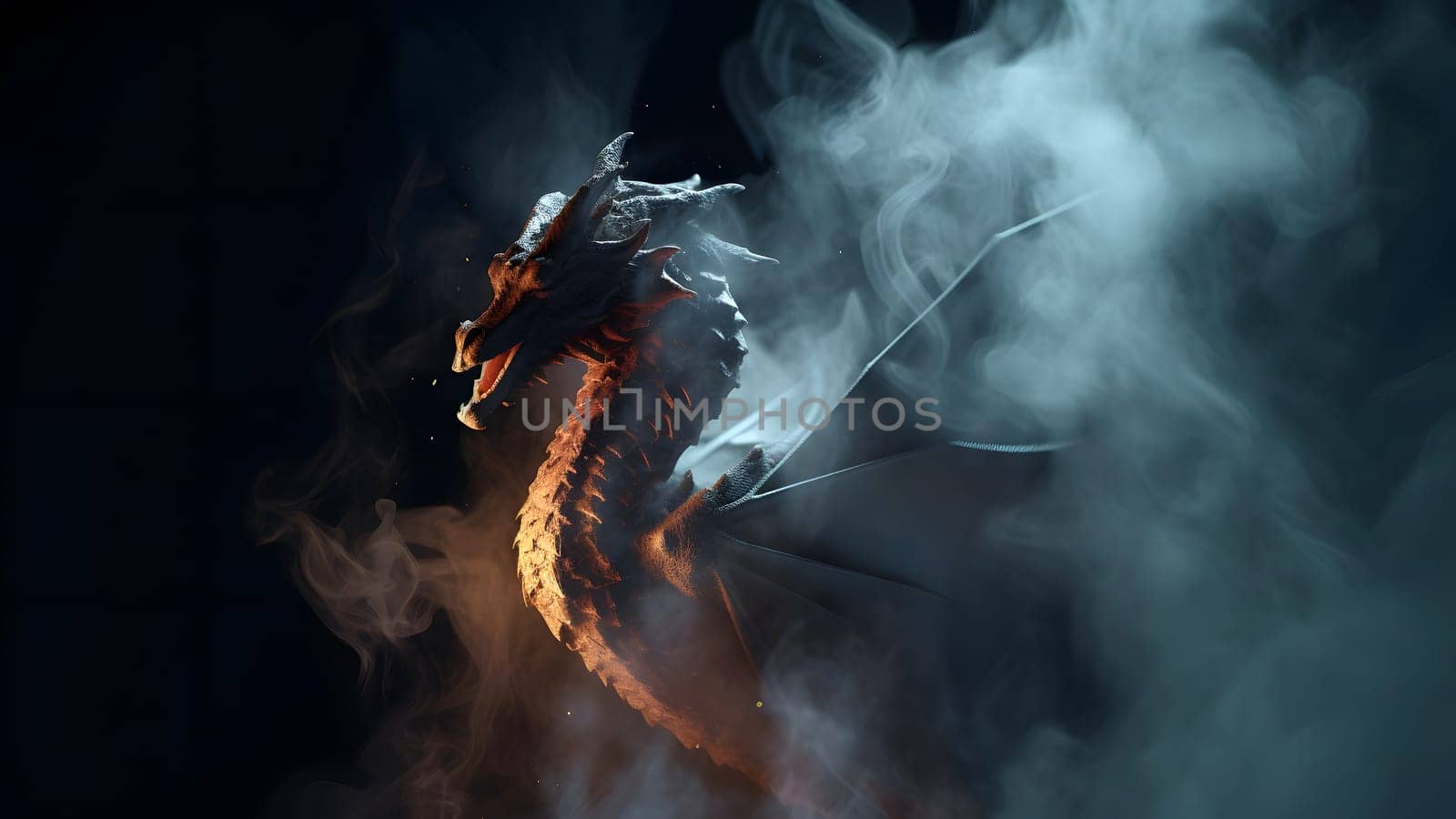 ethereal dragon with smoke on black background. Neural network generated in May 2023. Not based on any actual person, scene or pattern.