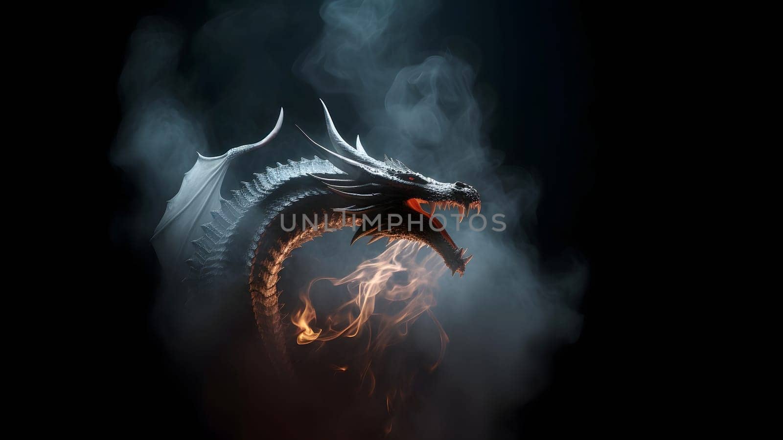 ethereal dragon with smoke on black background. Neural network generated in May 2023. Not based on any actual person, scene or pattern.