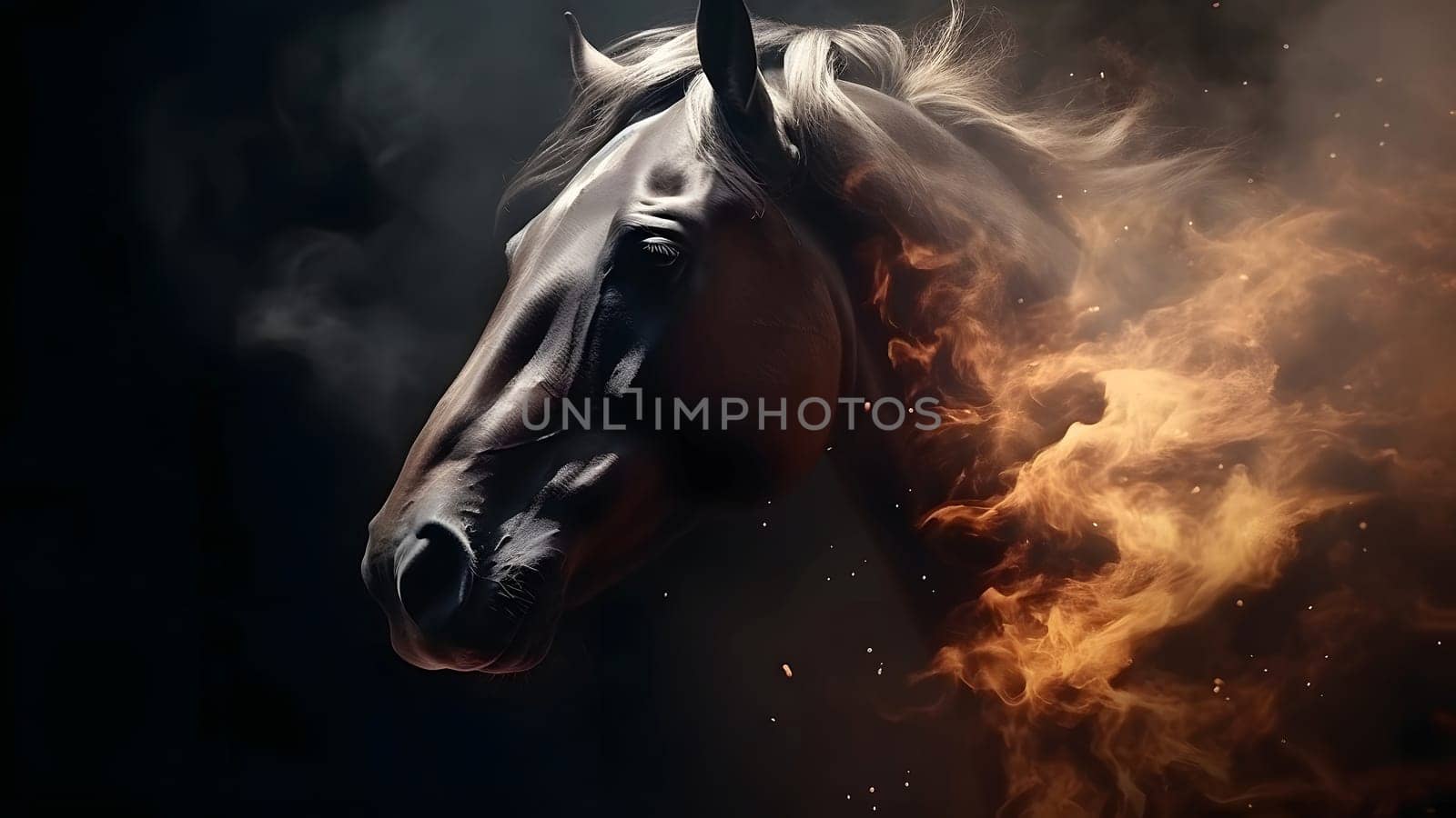 artisticly lit horse head with smoke and fumes on black background. Neural network generated in May 2023. Not based on any actual scene or pattern.
