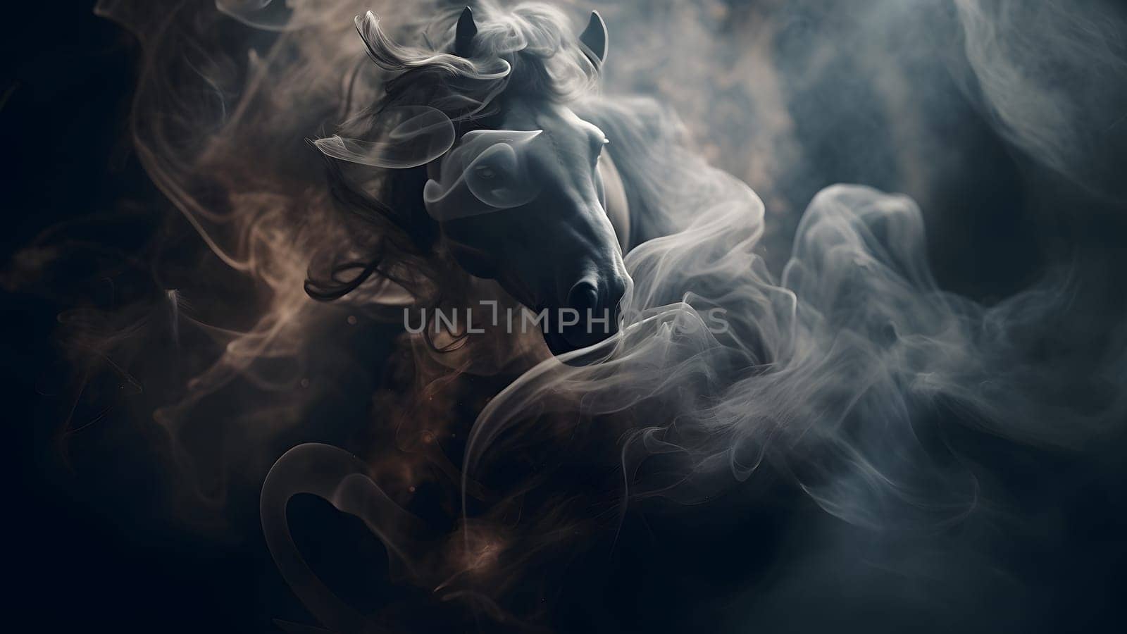 artisticly lit horse head with smoke and fumes on black background. Neural network generated in May 2023. Not based on any actual scene or pattern.