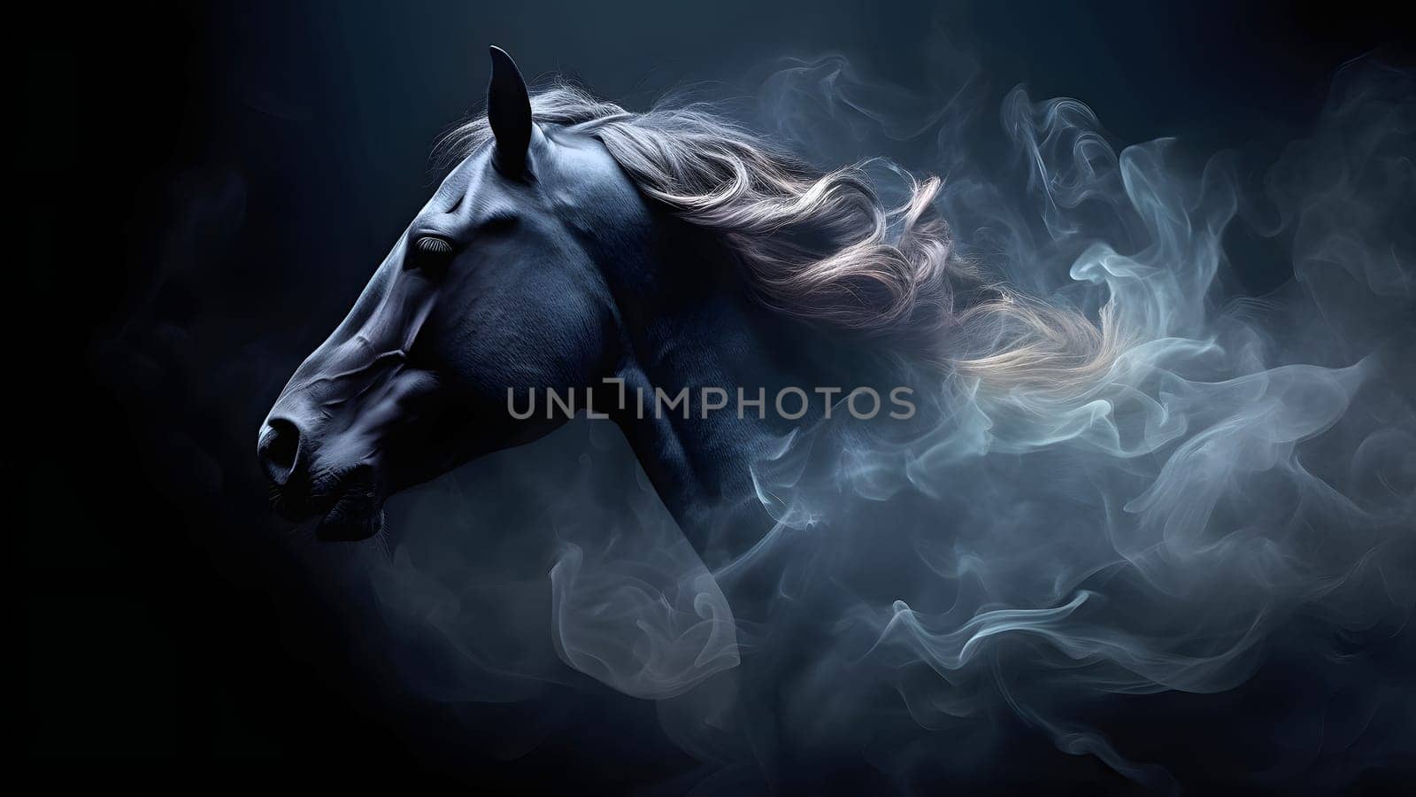 artisticly lit horse head with smoke and fumes on black background. Neural network generated in May 2023. Not based on any actual scene or pattern.